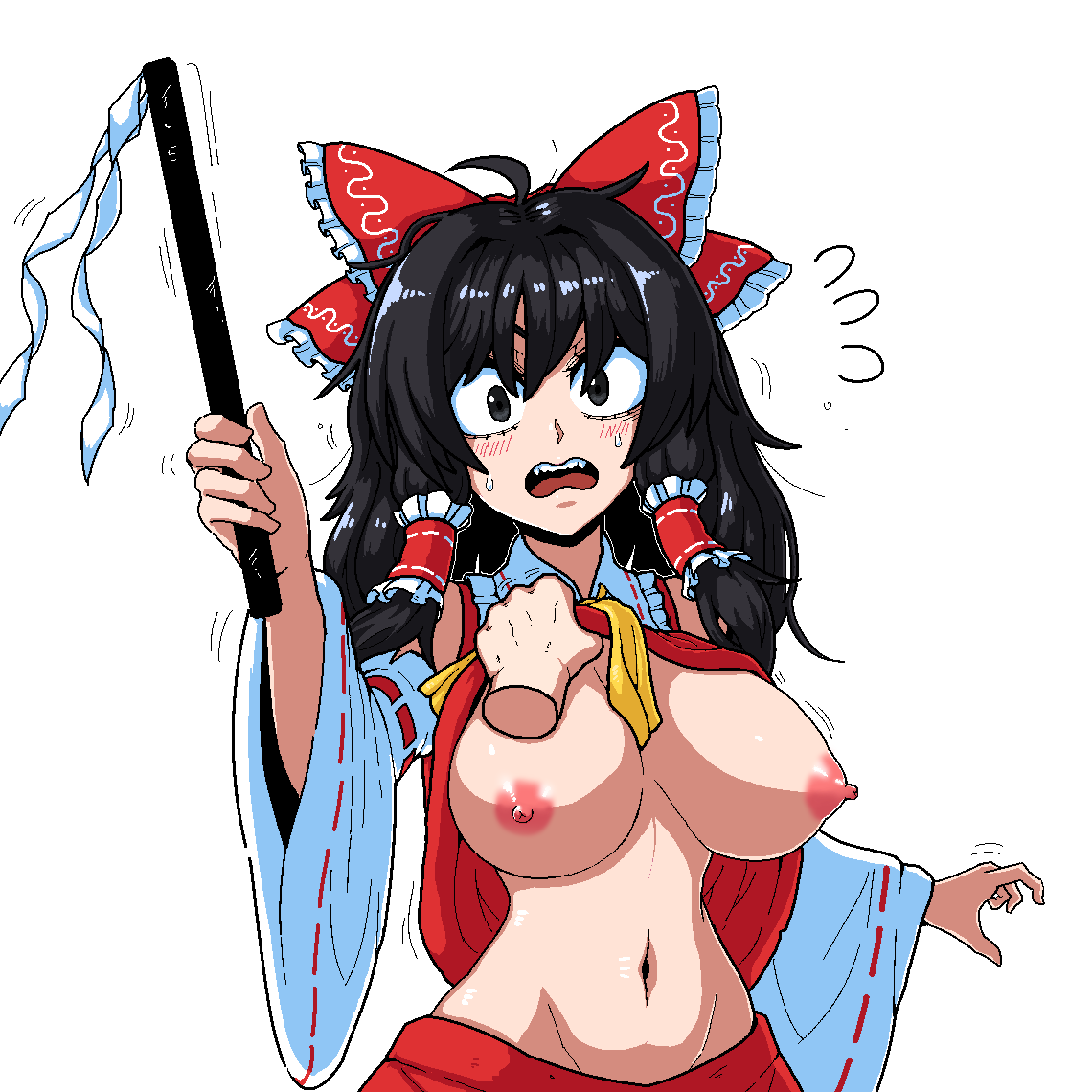 1girls black_eyes black_hair breasts formicid gohei large_breasts miko red_bow reimu_hakurei shirt_lift shirt_up shocked shrine_maiden touhou