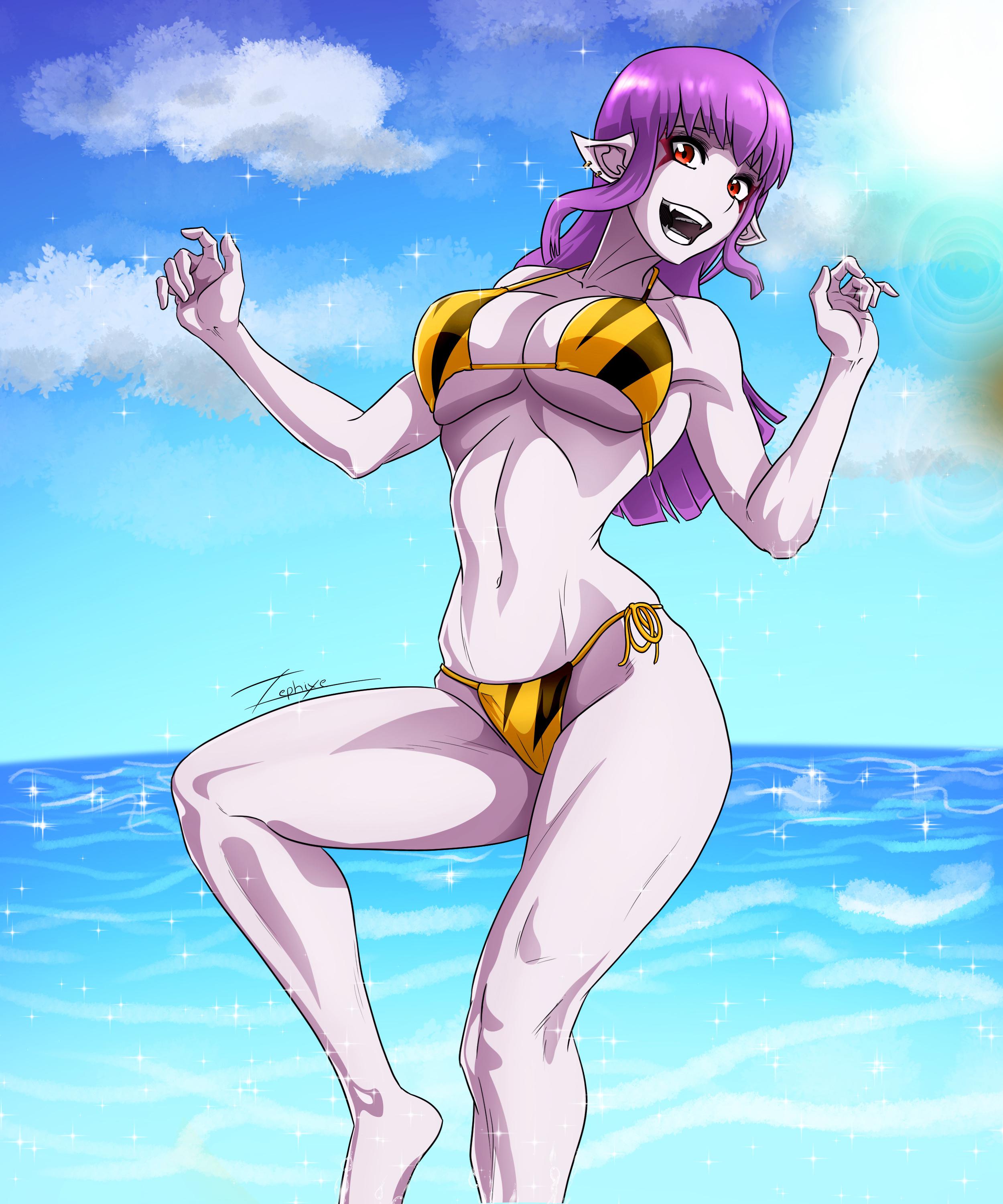 1girls, bikini, bikini bottom, bikini top, blue sky, clouds, color, colored, elf ears, esil radiru, fangs, female, female only, mouth, mouth open, muscular, muscular female, ocean, pierced ears, piercings, pointy ears, pointy teeth, purple hair, purple skin, red eyes, smile, solo, solo focus, solo leveling, sun, teeth, zephixe