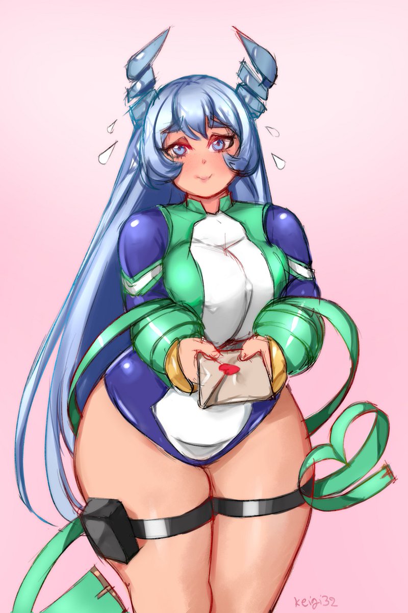 1girls, blue eyes, blue hair, blue-haired female, blush, bodysuit, breast squish, breasts, female, female human, hadou nejire, hadou nejire (hero outfit), heart, hero outfit (mha), holding object, human, keigi (artist), large breasts, long hair, looking at viewer, love letter, my hero academia, nejire hado, nejire hado (hero outfit), superhero costume, superheroine, sweatdrop, thick thighs, thigh squish, voluptuous, wide hips