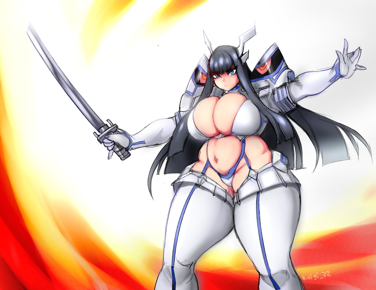 arms out, ass, belly, big belly, black hair, bodysuit, breasts, cleavage, exposed belly, fat, female, hime cut, huge ass, huge breasts, junketsu, katana, keigi (artist), kill la kill, kiryuuin satsuki, long hair, pauldrons, pinky out, plump, scowl, sword, thick thighs, thighhighs, voluptuous, wide hips