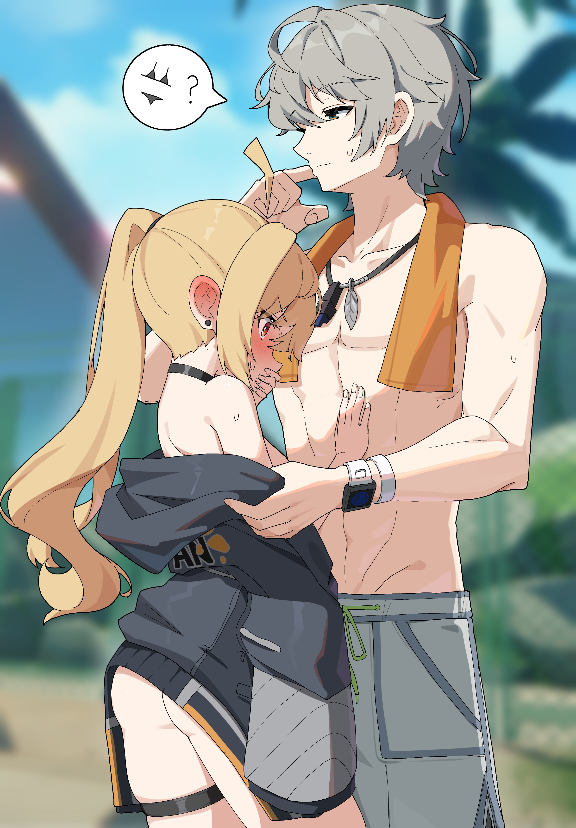 1boy, 1girls, ass, bare shoulders, blonde hair, blush, bottomless, breasts, embarrassed, female, flustered, grey eyes, grey hair, hand over mouth, high resolution, highres, luciana de montefio, male, medium breasts, no bra, no panties, nude, nude female, official alternate costume, outside, pants, petite, petite female, red eyes, shirt, shorts, standing, straight, sweat, thighs, tied hair, wak kun, wise (peaceful waves) (zenless zone zero), wise (zenless zone zero), zenless zone zero