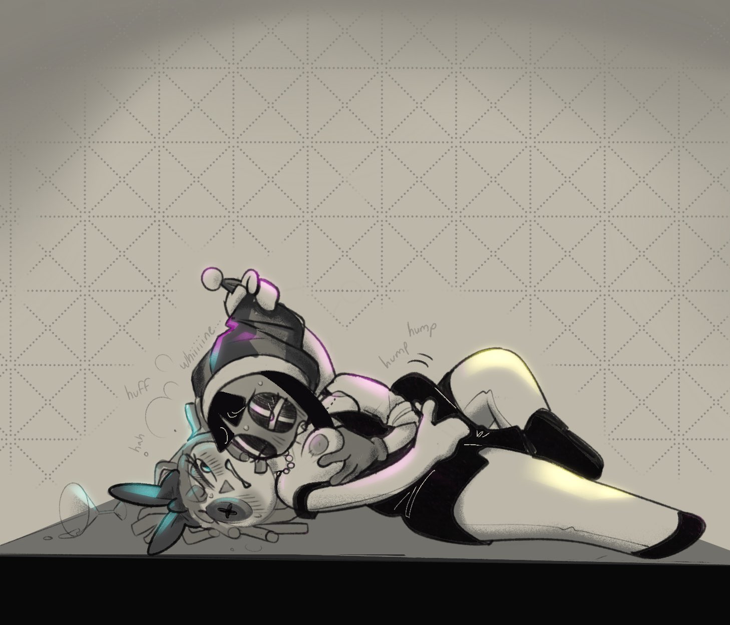 2026, 2girls, black dress, blush, bow, breasts, breasts out, button eye, clothed, clothed sex, doll girl, dry humping, fondling, fondling breast, glitch productions, gooseworx, grabbing hat, hand on breast, humping, jester, jester girl, jester hat, jesterdoll, lesbian sex, medium breasts, monochrome, pomni, pomni (tadc), pomni (the amazing digital circus), ragatha, ragatha (tadc), ragatha (the amazing digital circus), ragdoll, sex on table, spilled drink, tagme, tagme (artist), the amazing digital circus, thick thighs, yuri
