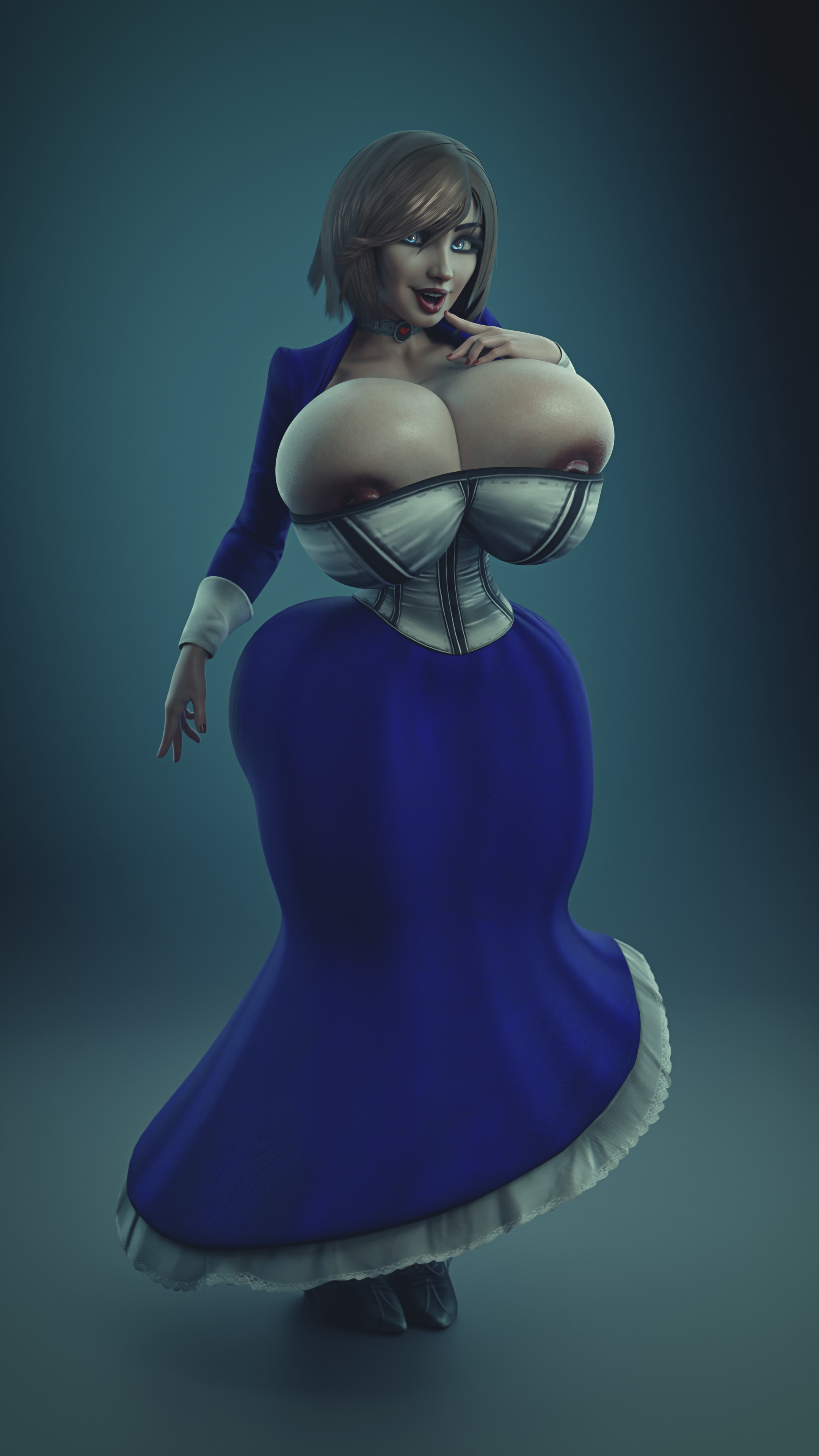 1girls, 3d, areola slip, areolae, big, big ass, big breasts, bioshock, bioshock infinite, blue hair, bolero, breast bigger than body, breasts bigger than head, brown hair, bursting breasts, busty, choker, cleavage, cleavage overflow, corset, curvaceous, curvy figure, elizabeth comstock, erect nipples, female, female focus, female only, hourglass figure, huge ass, huge breasts, looking at viewer, nipple slip, nipples, overflowing breasts, pinup, pinup pose, short hair, slim waist, solo female, tetriandoch, tight clothing, voluptuous, voluptuous female, wide hips, wide thighs