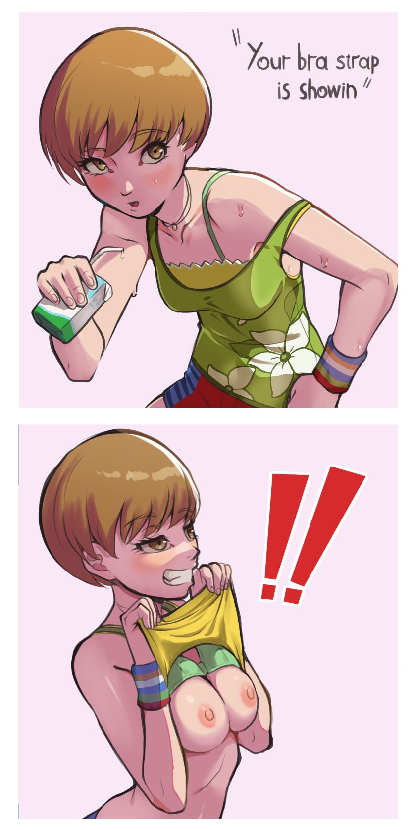 1girls atlus before_and_after blush bra_strap_is_showing_(meme) brown_hair female flashing grin nico-mo persona persona_4 satonaka_chie short_hair sweat sweaty text tomboy