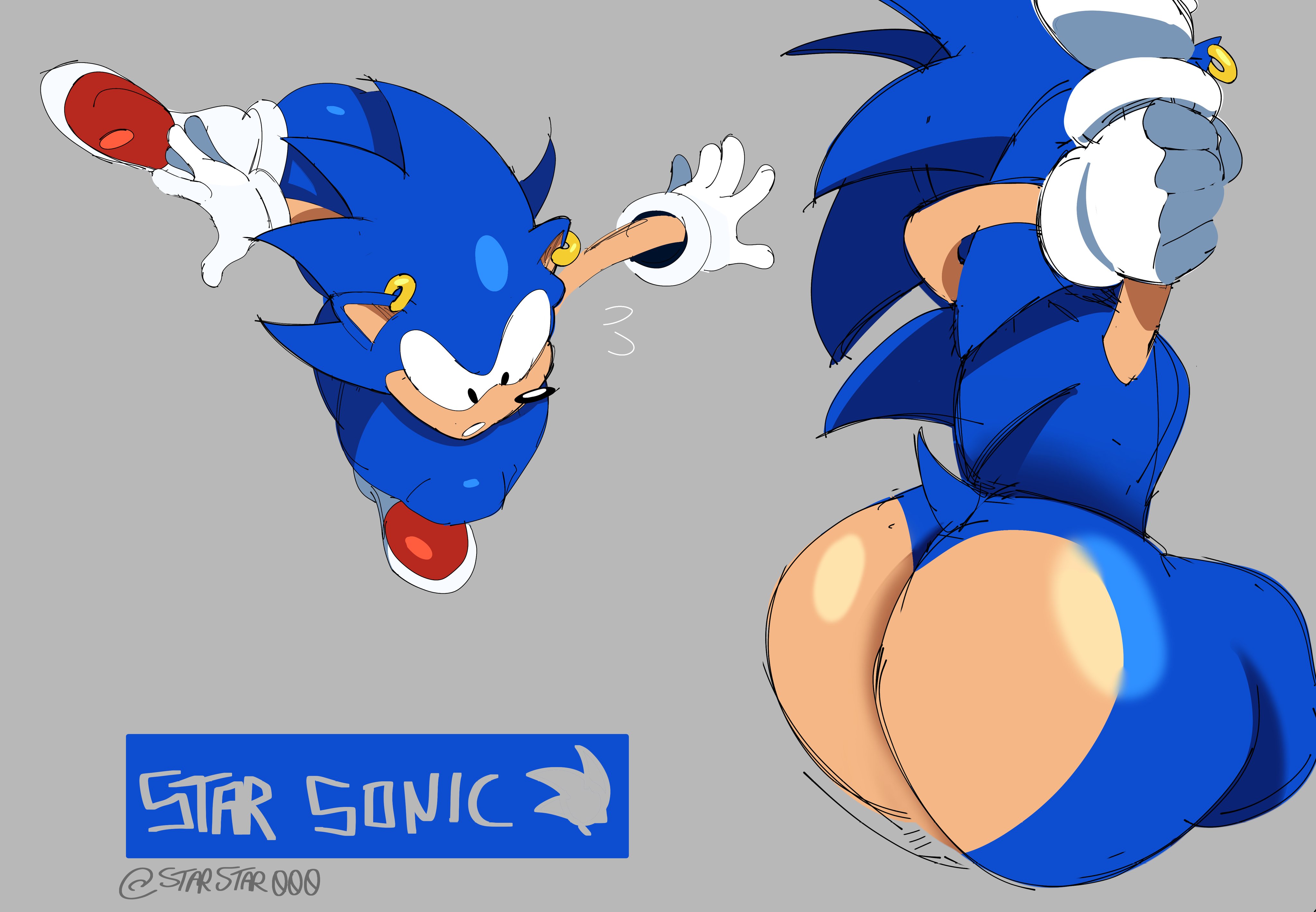 2d, 2d (artwork), anthro, ass cleavage, big ass (male), big butt (male), blue body, bottom heavy, classic sonic, earrings, english text, eulipotyphlan, eulipotyphlan humanoid, femboy, femboy only, furry, furry only, gloves, heavy bottom, hedgehog, hedgehog ears, hedgehog tail, huge butt, large ass, male, male only, massive ass, massive butt, only sneakers, sega, sonic (series), sonic the hedgehog, sonic the hedgehog (series), starstar000, tail, thick ass, thick butt, thick thighs, voluptuous, voluptuous anthro, voluptuous male
