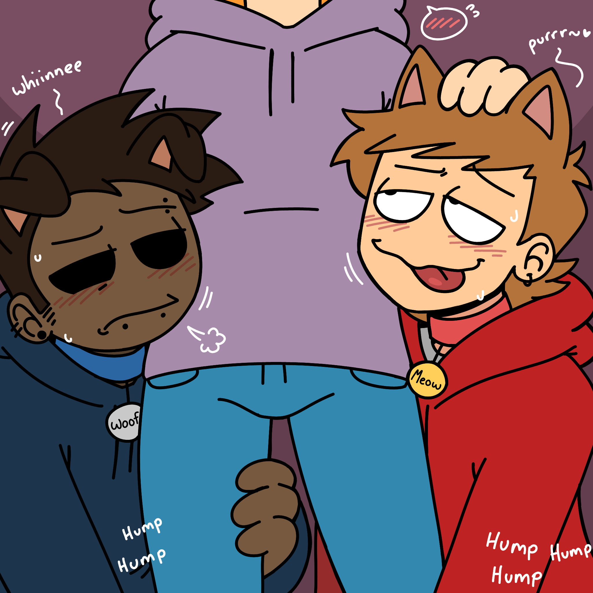 3boys, blue hoodie, blush, blush lines, blushing, brown hair, cat ears, catboy, chubby male, collar, collars, cuntboy, dark-skinned male, desperate, desperation, dog ears, ear piercing, earrings, eddsworld, eyebrow piercing, fluffy hair, flustered, flustered male, fully clothed, gay, gay male, ginger, ginger hair, hand on head, heart, heat, holding leg, holding thigh, humping, humping leg, imminent sex, in heat, justsomedude, light-skinned male, lip piercing, looking at partner, male only, matt (eddsworld), pale skin, piercing, piercings, puppyboy, purple hoodie, purring, red hoodie, skinny male, spikey hair, sweat, sweatdrop, tom (eddsworld), tongue out, tord (eddsworld), transgender, transgender male, transgender man, whining, yaoi