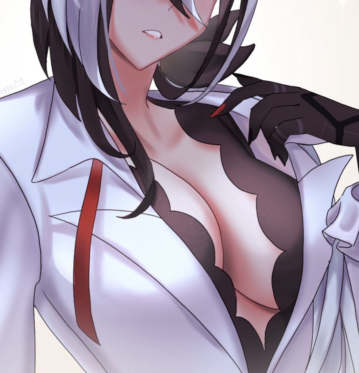 aoiabyss, arlecchino (genshin impact), big breasts, black and white hair, bra, breasts, cleavage, cleavage overflow, genshin impact, inner sideboob, juicy lips, open shirt, opening shirt, shirt