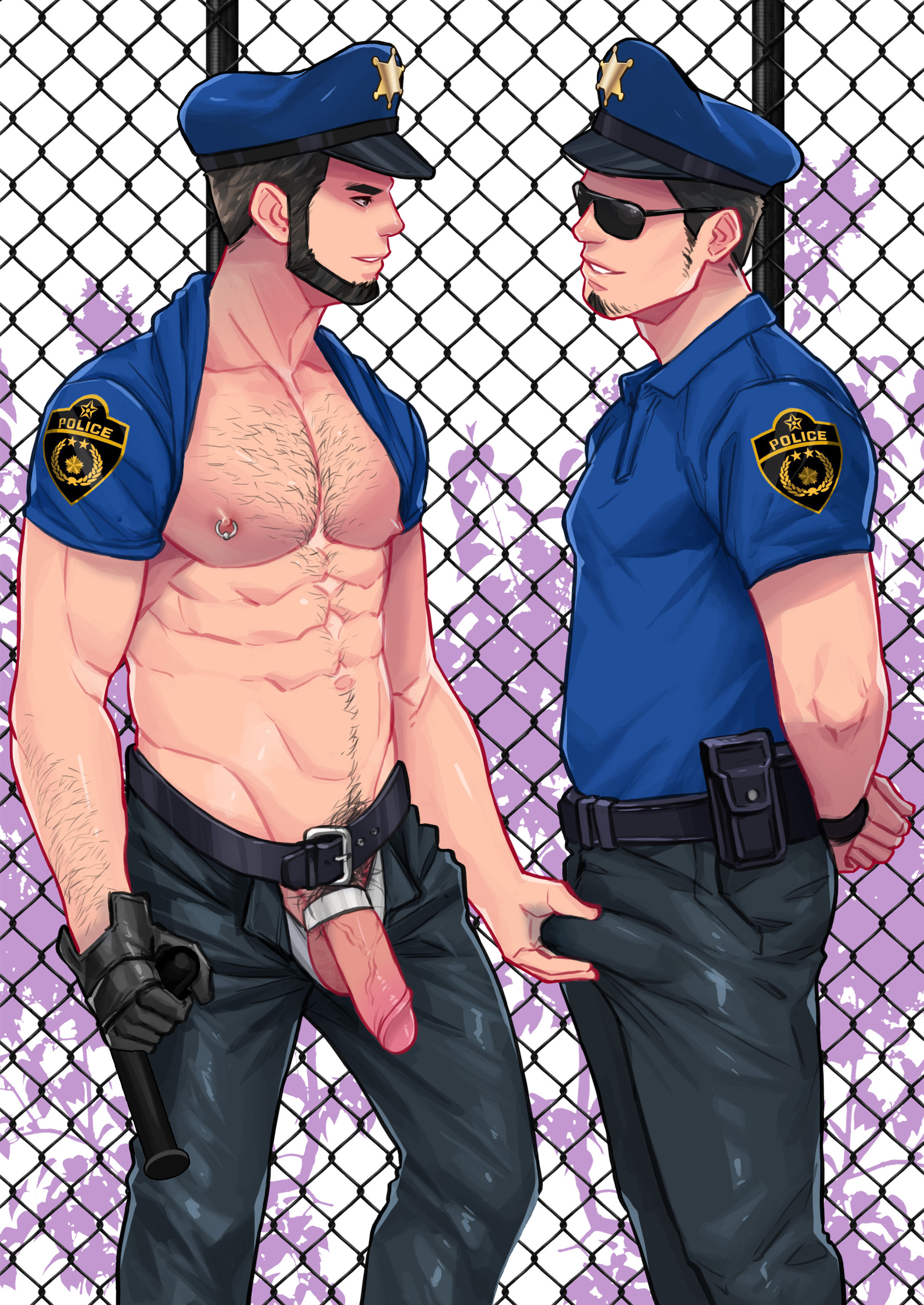 2boys, beard, belt, bulge, cock ring, exposed penis, gay, hairy chest, male, male focus, male only, maorenc, muscular, nipple piercing, nipples, penis, penis grab, piercing, police, public, sunglasses, yaoi