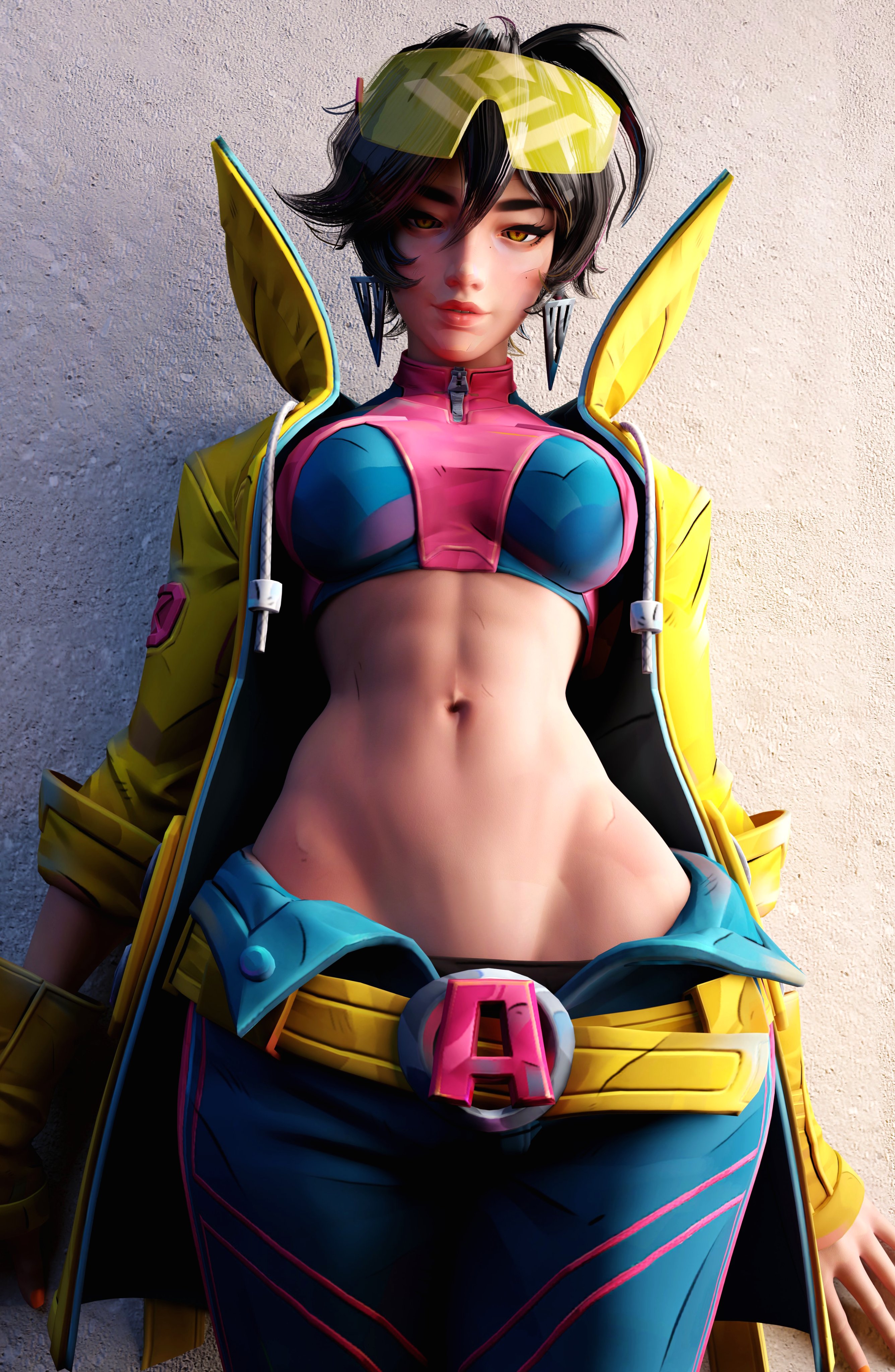 1girl, 1girls, 3d, 3d (artwork), 3d model, 3d render, blender, blendowan, breasts, half-dressed, jubilation lee, jubilee, jubilee (marvel rivals), marvel, marvel comics, marvel rivals, midriff, navel, pants down, solo, x-men
