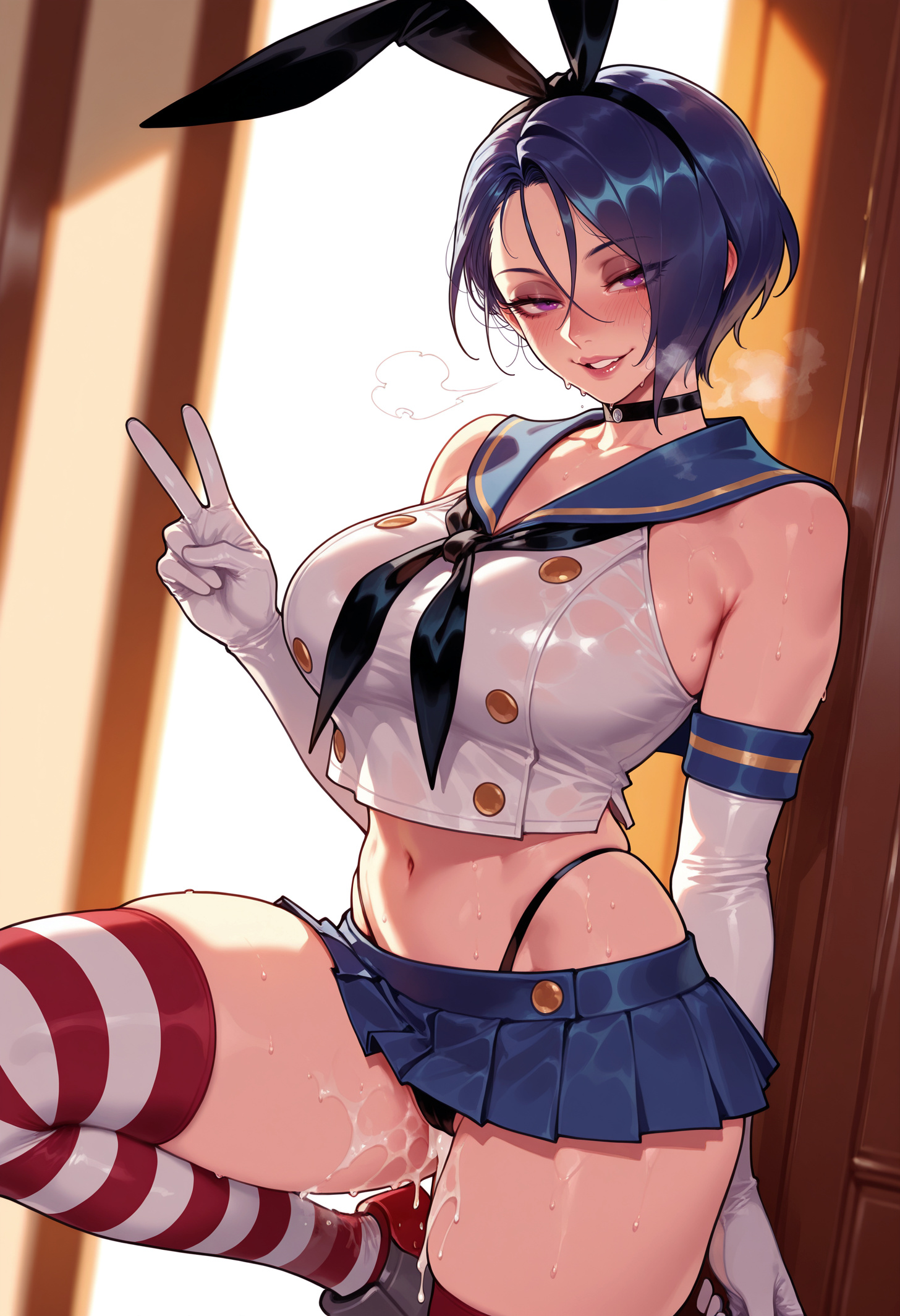 1girl, 1girls, after sex, ai generated, animal ears, balecxi, bare shoulders, black choker, black clothes, black hairband, black neckerchief, black panties, black underwear, blue hair, blue sailor collar, blue skirt, blush, breasts, choker, clothing, cosplay, crop top, cropped shirt, cum, cum in pussy, cum on body, cum on legs, cumdrip, curvaceous, curvaceous female, curvaceous figure, curvy, curvy figure, elbow gloves, fake animal ears, female, female focus, fire emblem, fire emblem: three houses, gloves, grin, hair between eyes, hairband, highleg, highleg panties, large breasts, legwear, lips, looking at viewer, makeup, microskirt, miniskirt, navel, neckerchief, nintendo, panties, pantsu, parted lips, pleated skirt, purple eyes, rabbit ears, red thighhighs, sailor collar, serafuku, shamir nevrand, shimakaze (kancolle), shimakaze (kancolle) (cosplay), shimakaze (kantai collection), shimakaze (kantai collection) (cosplay), shirt, short hair, skindentation, skirt, smile, solo, striped clothes, striped legwear, striped thighhighs, sweat, thick thighs, thighhighs, thighs, thong, underwear, v, voluptuous, voluptuous female, wet, wet clothes, white gloves