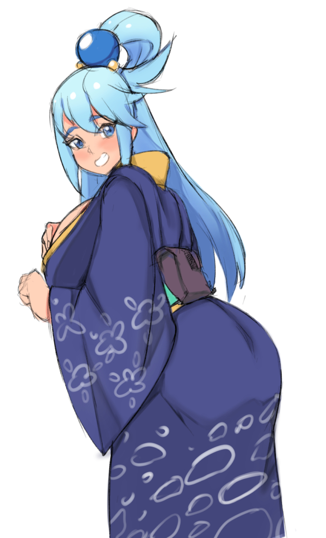 1girls, alternate costume, aqua (konosuba), ass, ass in dress, big ass, big butt, blue hair, blush, breasts, clothed, clothed female, female, female only, huge breasts, keigi (artist), kimono, kono subarashii sekai ni shukufuku wo!, long hair, looking at viewer, ponytail, smile, solo, yukata
