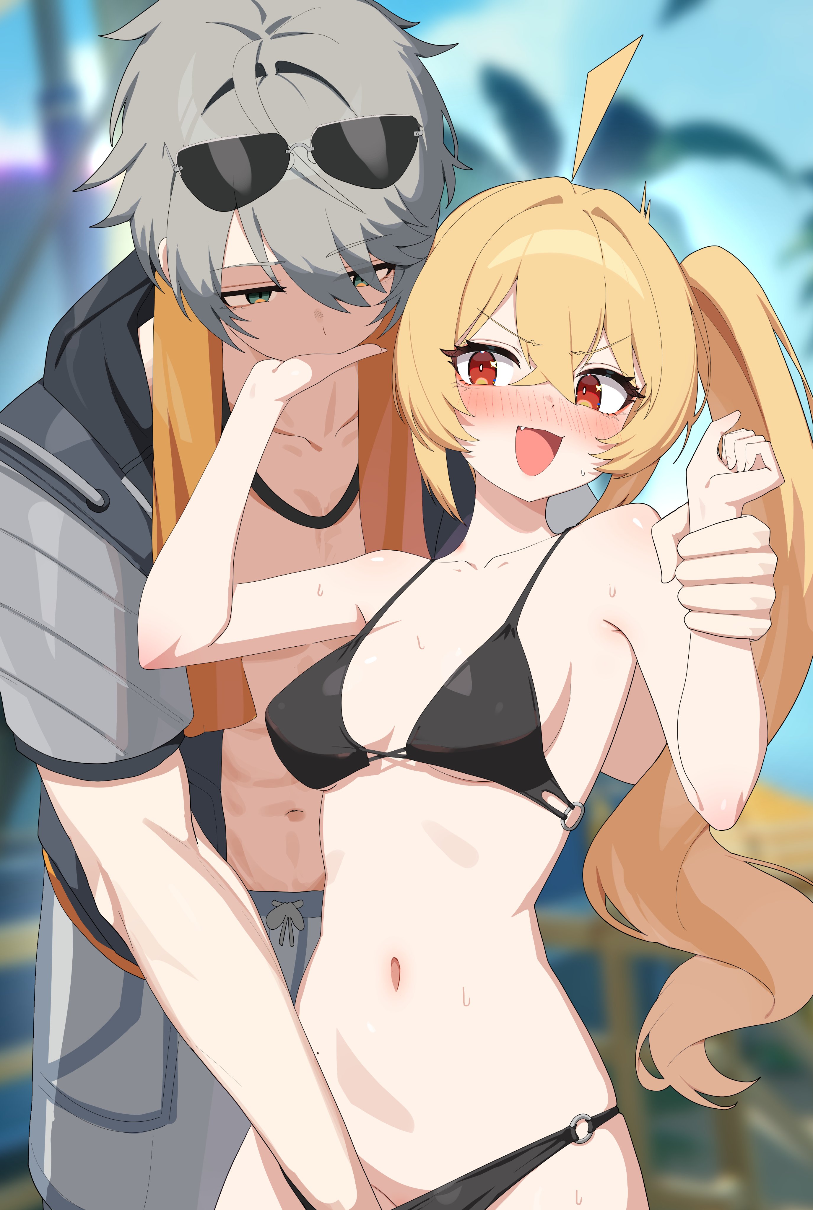 1boy, 1girls, bare shoulders, belly button, bikini, blonde hair, blush, bra, breasts, embarrassed, female, female torso, fingering, fingering partner, fingering pussy, flustered, grey eyes, grey hair, high resolution, highres, long hair, luciana de montefio, male, medium breasts, official alternate costume, open mouth, outside, panties, pants, petite, petite female, red eyes, shirt, shorts, smile, standing, stomach, straight, sweat, swimsuit, tied hair, underwear, vulva handjob, wak kun, wise (peaceful waves) (zenless zone zero), wise (zenless zone zero), zenless zone zero
