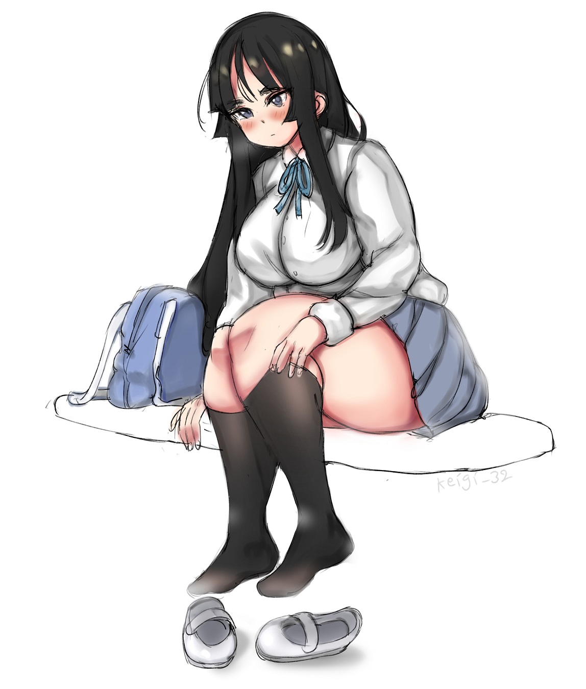 alternate body type, alternate breast size, ass, big ass, big butt, black hair, black kneehighs, blush, breasts, dressing, female, huge ass, huge breasts, human, human only, k-on!, keigi (artist), large breasts, long hair, mio akiyama (k-on!), plump, school uniform, schoolgirl, thick thighs, voluptuous