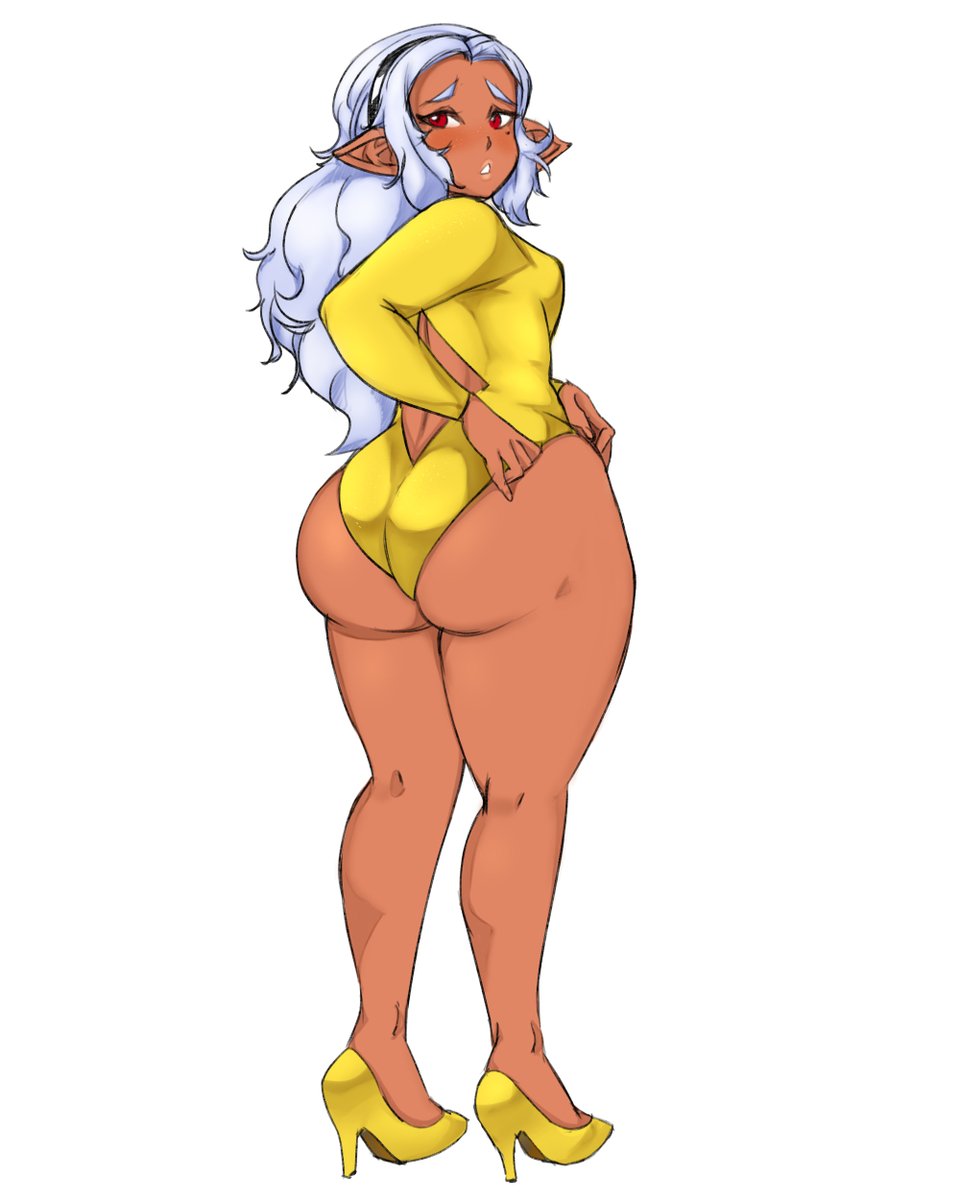 1girls, about to burst, adjusting clothes, ass, ass too big, barely contained, barely contained ass, barely fits, big ass, big butt, blush, breasts, bursting butt, curvy, curvy female, curvy hips, cutout, dark elf, dark skin, dark-skinned female, elf, elf ears, elf-san wa yaserarenai, female, high heels, huge ass, humanoid, imminent wardrobe malfunction, inconvenient ass, inconvenient butt, kuroeda, leotard, long hair, looking back, looking back at self, pointy ears, slightly chubby, slightly chubby female, straining clothing, thick thighs, thighs, tight clothes, tight clothing, tight fit, tight fitting clothing, too tight, undersized clothes, undersized clothing, wardrobe malfunction, white background, white hair, wide hipped female, wide hips