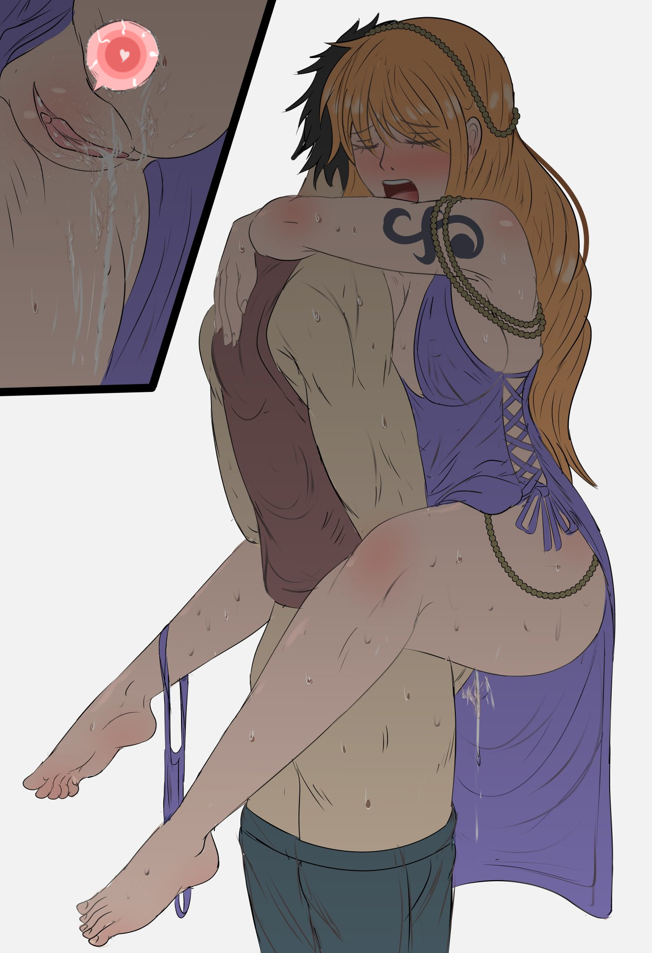 1boy, 1girls, arm tattoo, big breasts, big penis, blue tattoo, blush, breasts, clothing, curvy body, curvy female, dress, edit, female, fertilization, fuzzlogik, impregnation, male, monkey d luffy, muscular, muscular male, nami (one piece), nami (one piece) (zou), one piece, one piece: zou arc, orange hair, orange-haired female, ovum, penis, post-timeskip, purple dress, pussy, sex, sperm cell, sperm meets ovum, sweat, sweating profusely, tattoo, thick thighs, vaginal penetration, wide hips