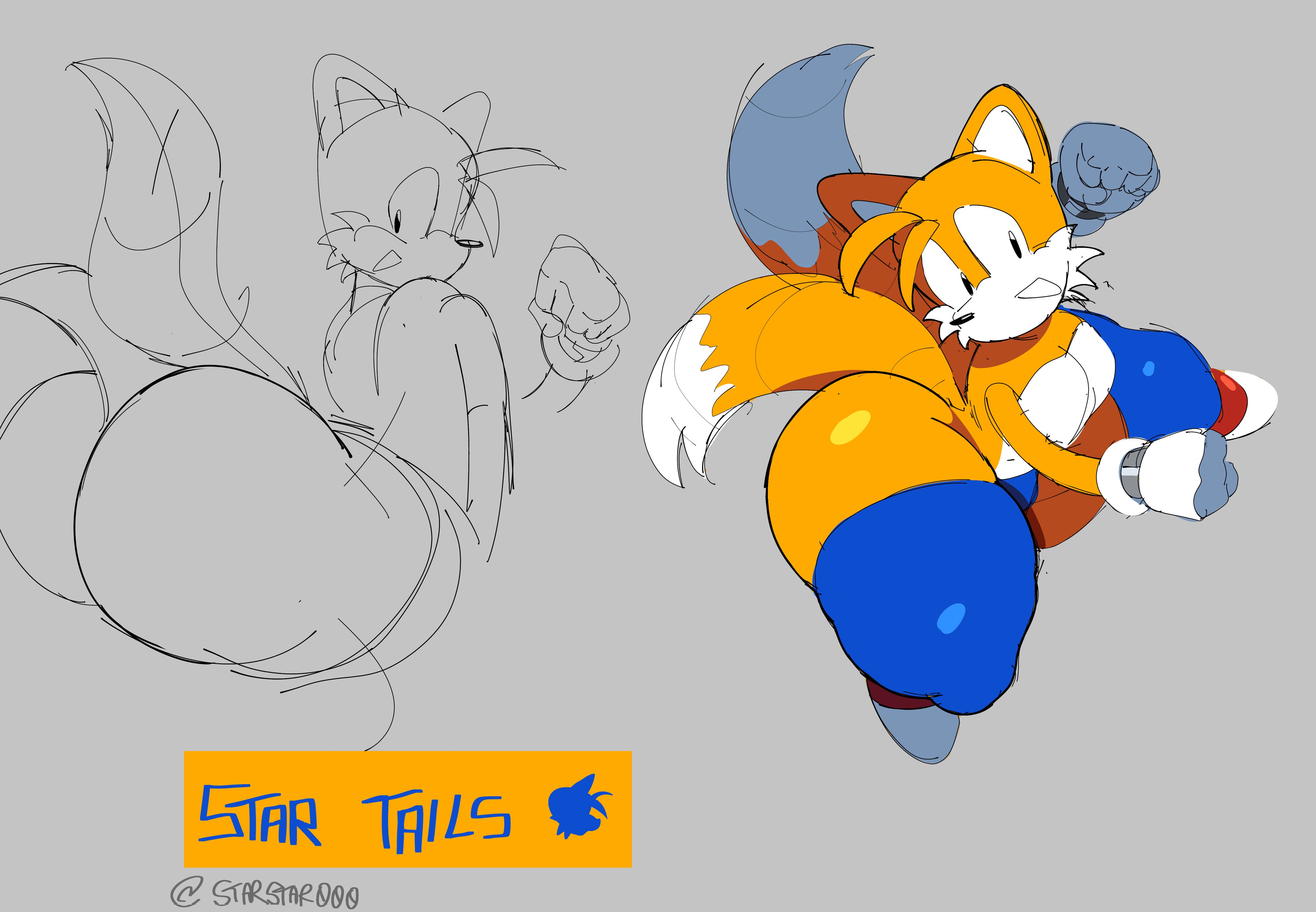 2d, 2d (artwork), anthro, ass cleavage, big ass (male), big butt (male), bottom heavy, canine, classic tails, earrings, english text, femboy, femboy only, fox, fox ears, fox tail, furry, furry only, gloves, heavy bottom, huge butt, large ass, male, male only, massive ass, massive butt, only sneakers, sega, sonic (series), sonic the hedgehog (series), starstar000, tail, tails the fox, teapot (body type), thick ass, thick butt, thick thighs, voluptuous, voluptuous anthro, voluptuous male, yellow body, yellow skin