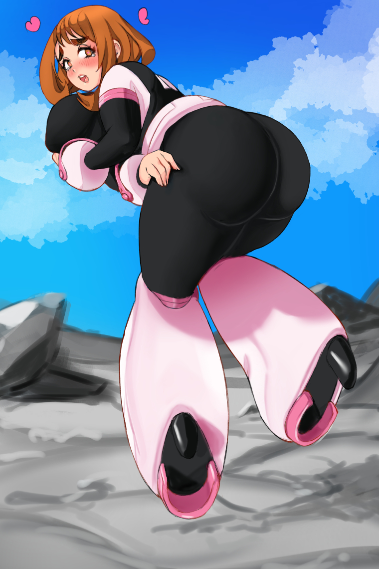 1girls, ass, back view, background, bent over, big ass, big butt, bodysuit, boots, breasts, brown eyes, brown hair, cloud, female, female human, female only, floating, heart, heart-shaped pupils, hero outfit (mha), high heels, huge ass, huge breasts, human, keigi (artist), light skin, light-skinned female, looking at viewer, looking back, my hero academia, ochako uraraka, ochako uraraka (hero outfit), short hair, skintight, sky, solo, superhero costume, superheroine, symbol-shaped pupils