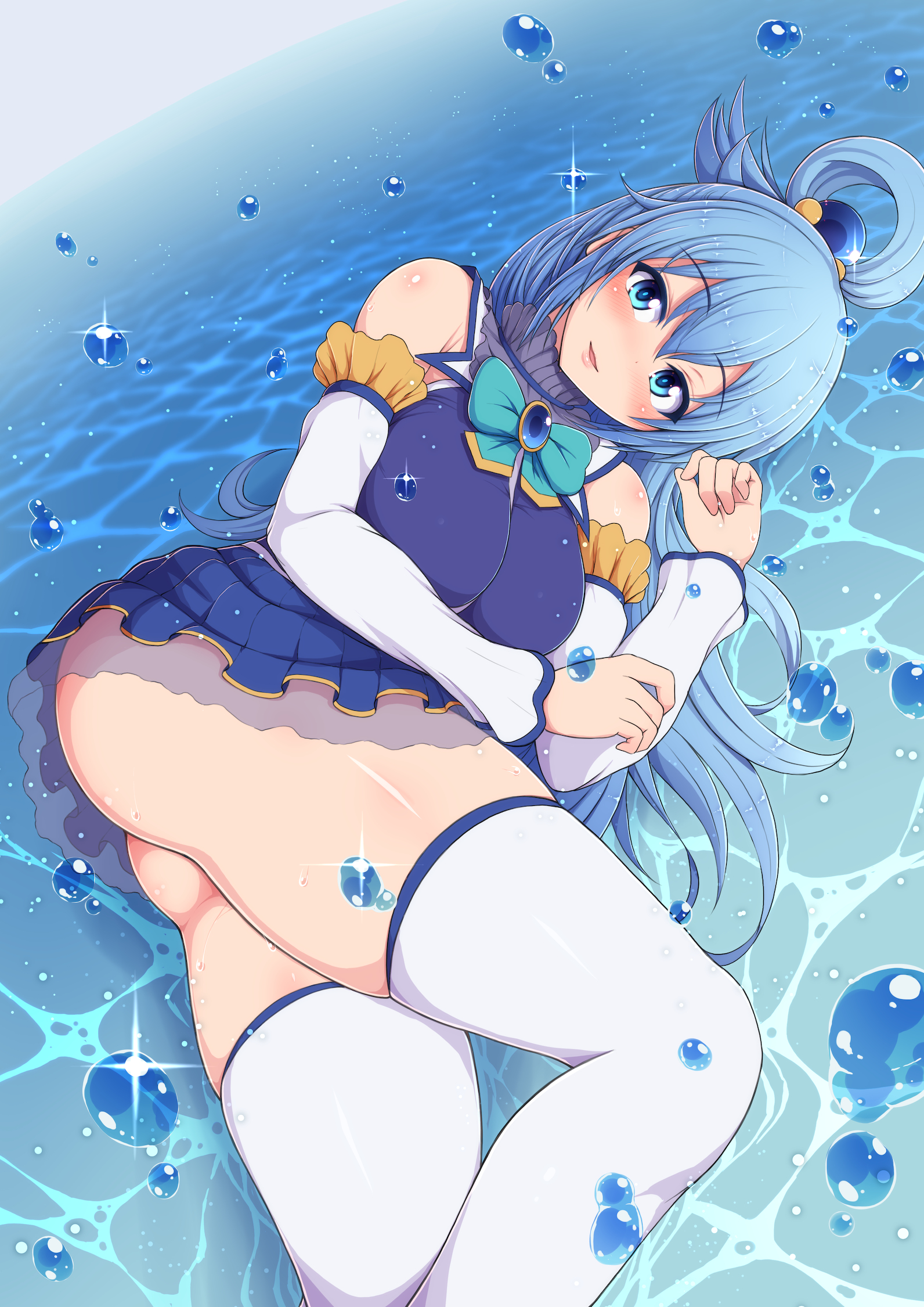 1girls, aqua (konosuba), ass, big ass, big breasts, blue eyes, blue hair, blush, bottomless, breasts, eye contact, female, goddess, huge breasts, kono subarashii sekai ni shukufuku wo!, light skin, light-skinned female, lips, long hair, looking at viewer, pale skin, pale-skinned female, ponpo, thick ass, thick thighs, thighhighs, thighs, white thighhighs