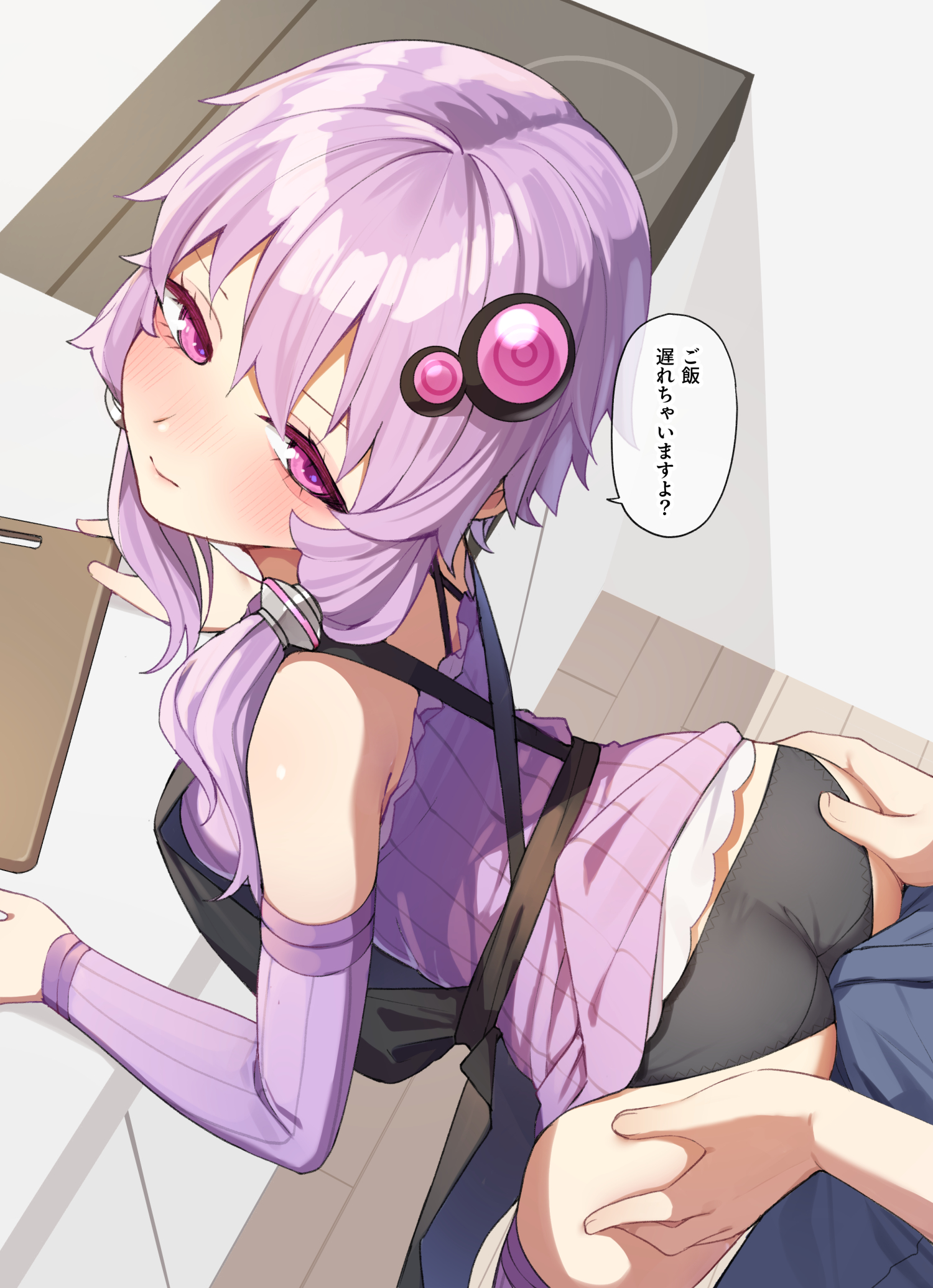 1boy, 1girls, apron, ass, ass focus, ass grab, bare shoulders, before sex, bending forward, bent over, blush, embarrassed, female, from behind, kitchen, kitchen counter, leaning, leaning forward, looking at viewer, male, menbou (menbow3v), panties, pink eyes, purple hair, shirt, small breasts, thighs, tied hair, underwear, voiceroid, yuzuki yukari
