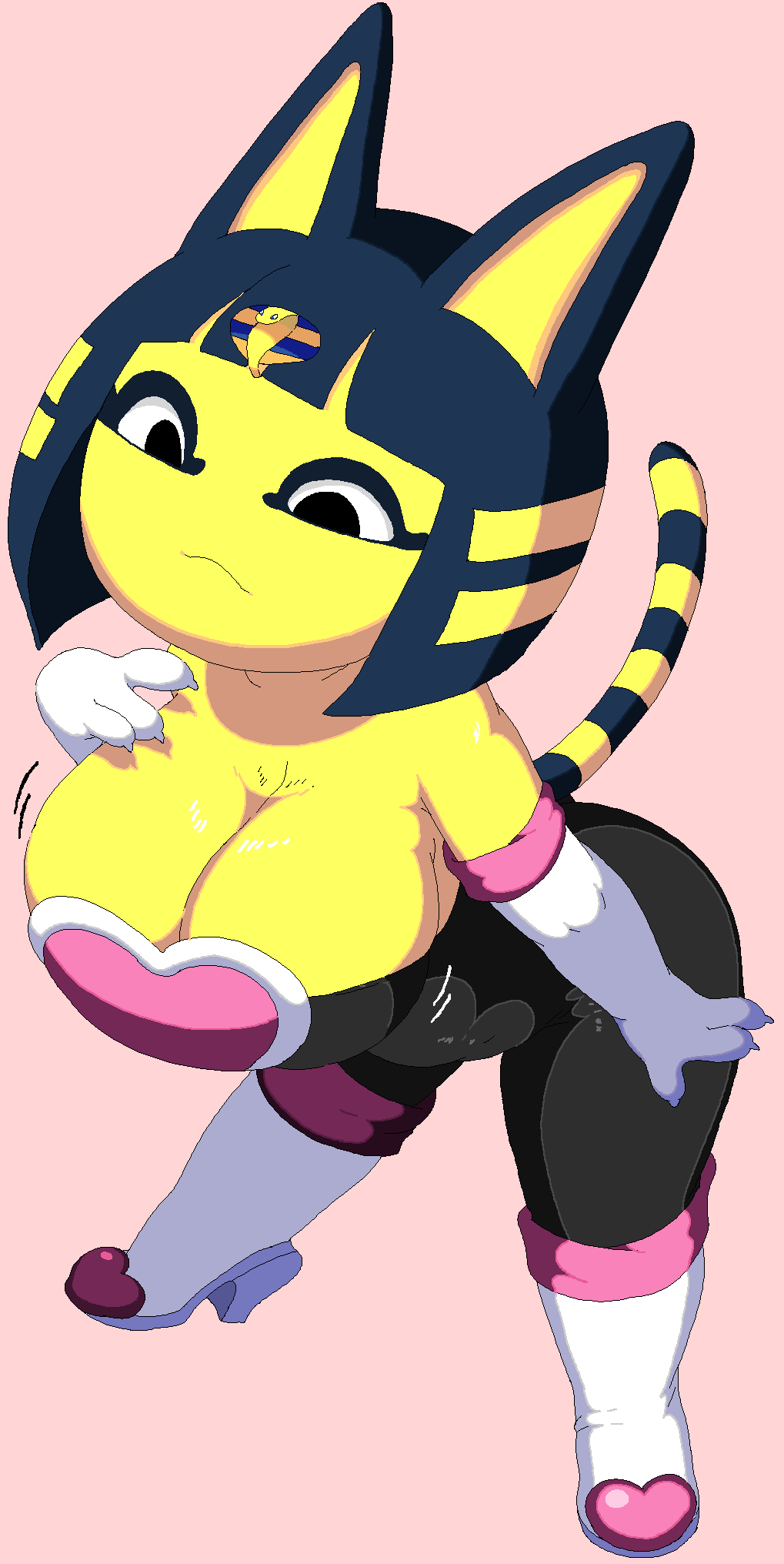 :3, 1girls, alternate breast size, alternate outfit, animal crossing, ankha, anthro, bent over, big ears, black eyes, bodysuit, boots, breast grab, breasts, cleavage, clothed, crossover, egyptian, elbow gloves, feline, female, furry, gloves, half-closed eyes, heart, high heels, hoshime, huge breasts, latex, looking down, motion lines, nintendo, no humans, no nose, pharaoh, pointy ears, revealing clothes, rouge the bat (cosplay), sega, shortstack, solo, sonic (series), source request, striped tail, stripes, tail, thick thighs, thigh gap, voluptuous, wide hips, yellow fur