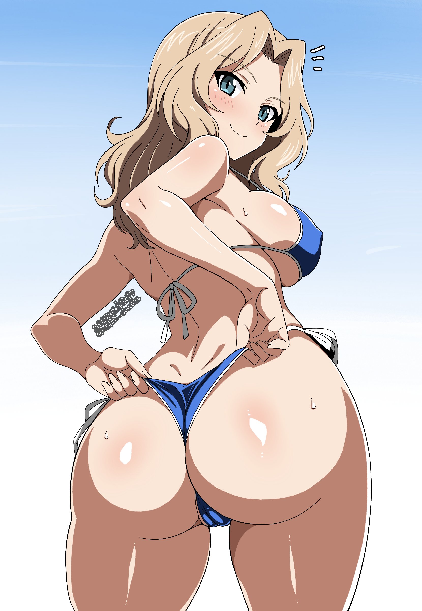 1girls, ass, back, big ass, bikini, bitch, blonde hair, exhibitionism, exhibitionist, girls und panzer, hooker, huge ass, huge breasts, kay (girls und panzer), large breasts, prostitute, prostitution, slutty female, swimsuit, unkai daraku
