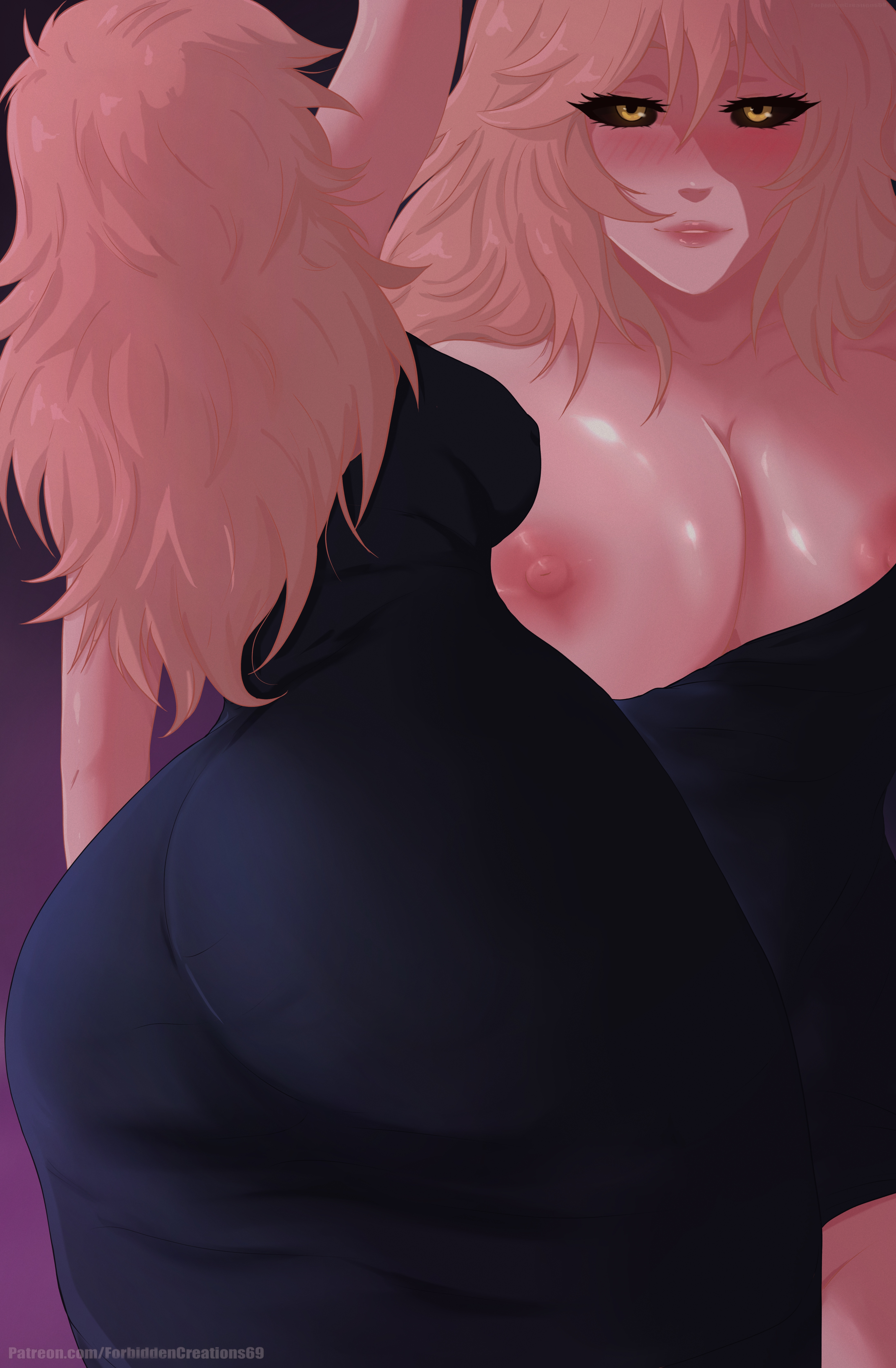 1girls, absurd res, absurdres, areolae, arm up, ass, ass focus, ass in dress, ass shot, back, back view, backboob, big ass, big breasts, black dress, black sclera, blush, breasts, breasts out, clothing, dress, exposed breasts, female, female only, forbidden, hair, high resolution, highres, huge ass, lips, long hair, mina ashido, mina ashido time-skip, my hero academia, my hero academia (finale), nipples, pink areola, pink body, pink hair, pink nipples, pink skin, post-timeskip, purple background, smile, solo, solo female, thick thighs, thighs, yellow eyes