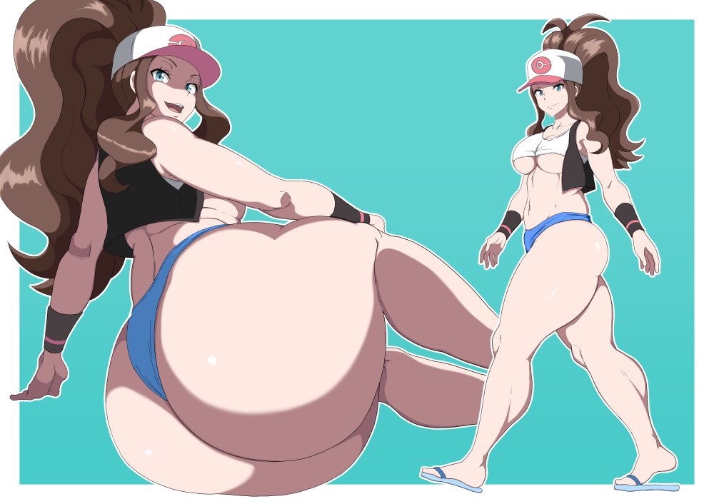 aged up, ass, barefoot, barely clothed, big ass, bimbo, breasts, brown hair, feet, female, female only, flip flops, hat, hilda (pokemon), huge ass, human, large breasts, long hair, nintendo, nipples, nipples visible through clothing, oryuto, pokemon, pokemon bw, ponytail, sandals, short shorts, shorts, solo, solo female, solo focus, source request, tank top, thick ass, thick legs, thick thighs, tight clothing, white background, wide hips