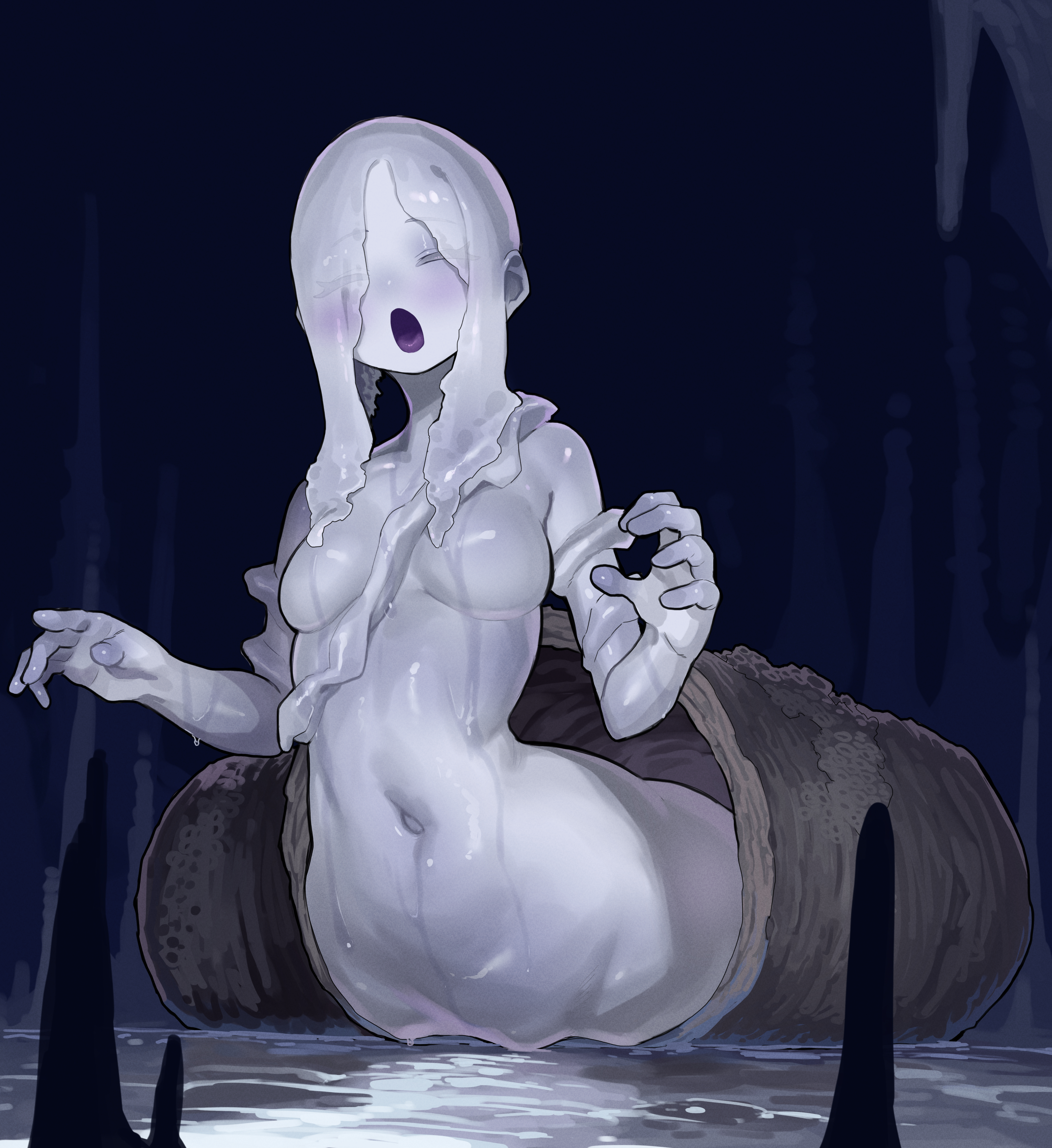 bloodborne, closed eyes, ekrea jan, female, female only, fromsoftware, hair over one eye, mollusk, mollusk humanoid, monster girl, navel, no nipples, nude, open mouth, pale skin, pale-skinned female, shiny skin, slime, slime hair, small breasts, snail, snail girl, snail woman (bloodborne), solo, white body, white hair, white skin