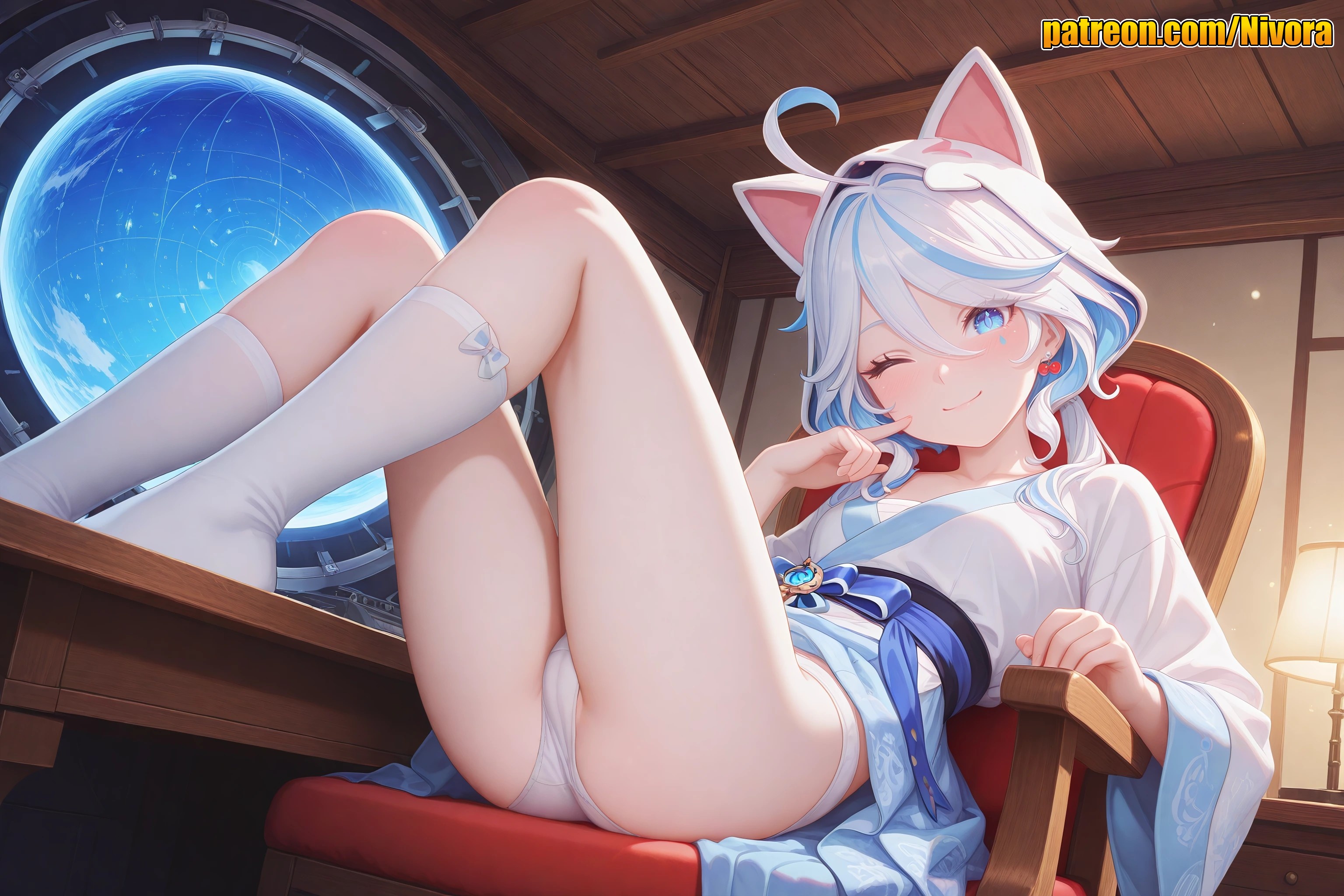 ;), 1girl, ahoge, ai generated, alternate costume, animal ears, ass, blue eyes, blue hair, blush, breasts, cat ears, chair, closed mouth, desk, earrings, fake animal ears, finger to cheek, from below, furina (genshin impact), genshin impact, hair between eyes, indoors, japanese clothes, jewelry, kimono, kneehighs, knees up, lamp, legs, legs up, light blue hair, long hair, long sleeves, looking at viewer, multicolored hair, nivora, no shoes, on chair, one eye closed, panties, sash, sitting, small breasts, smile, socks, solo, streaked hair, tail, thighs, underwear, white hair, white kimono, white panties, white socks, wide sleeves