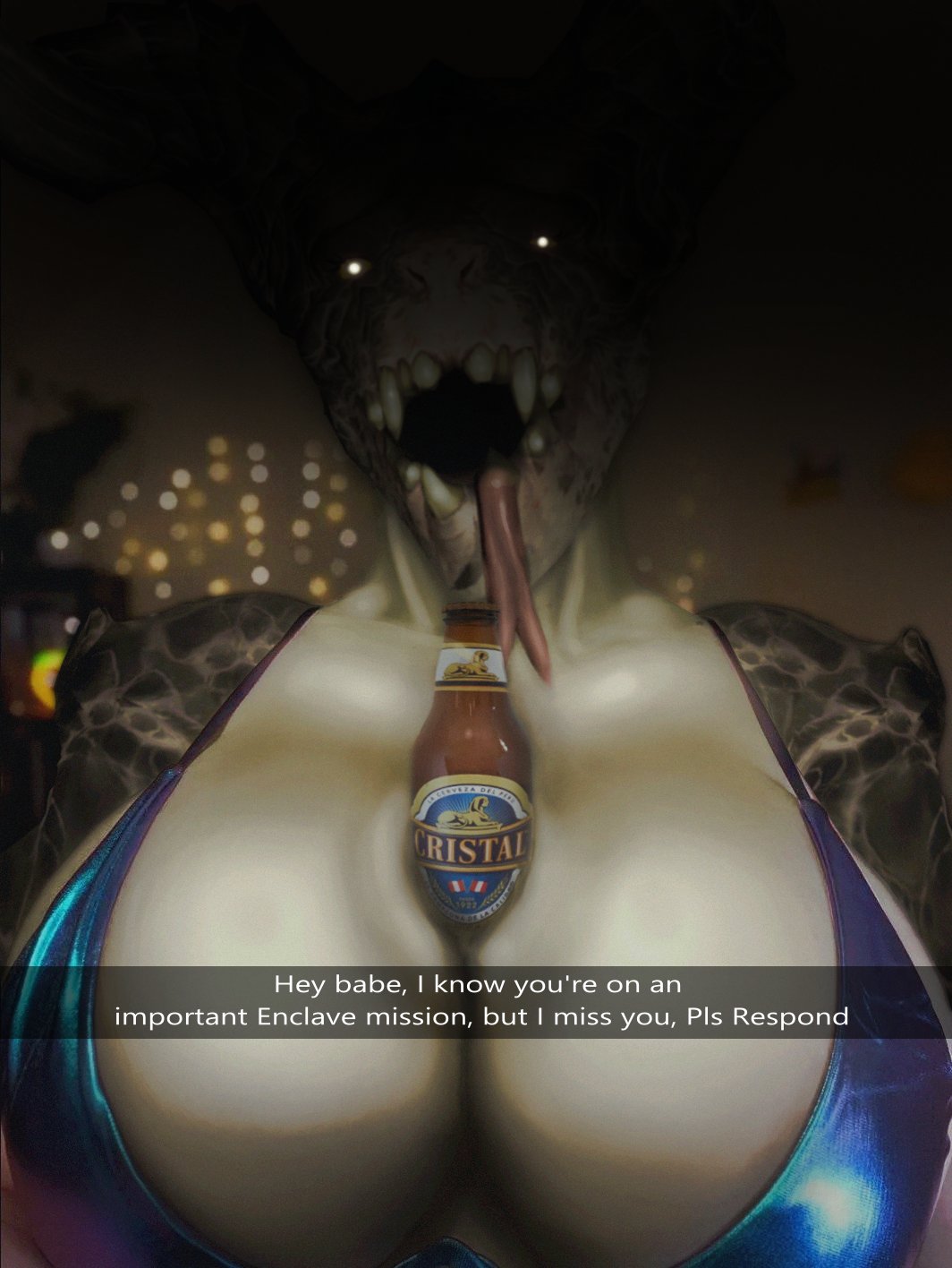 1girl, 1girls, 3d, beer, beer bottle, bikini, bra, deathclaw, editorfella, fallout, female deathclaw, large breasts, mommy, monster, monster girl, peru es clave, requesting, snapchat, solo, solo female, solo focus, tits, tongue, tongue out