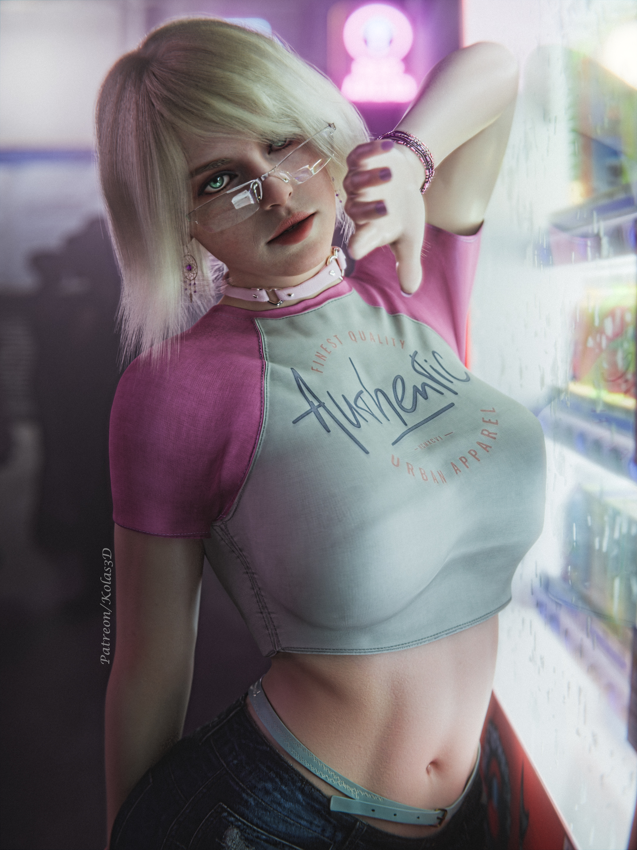 1girls, 3d, 3d (artwork), arm up, ashley graham, ashley graham (ella freya), belt, big breasts, blonde female, breasts, female, female only, female torso, glasses, green eyes, hi res, kolas3d, midriff, midriff baring shirt, navel, pants, resident evil, resident evil 4 remake, round breasts, shirt, solo female, tagme, tight clothing