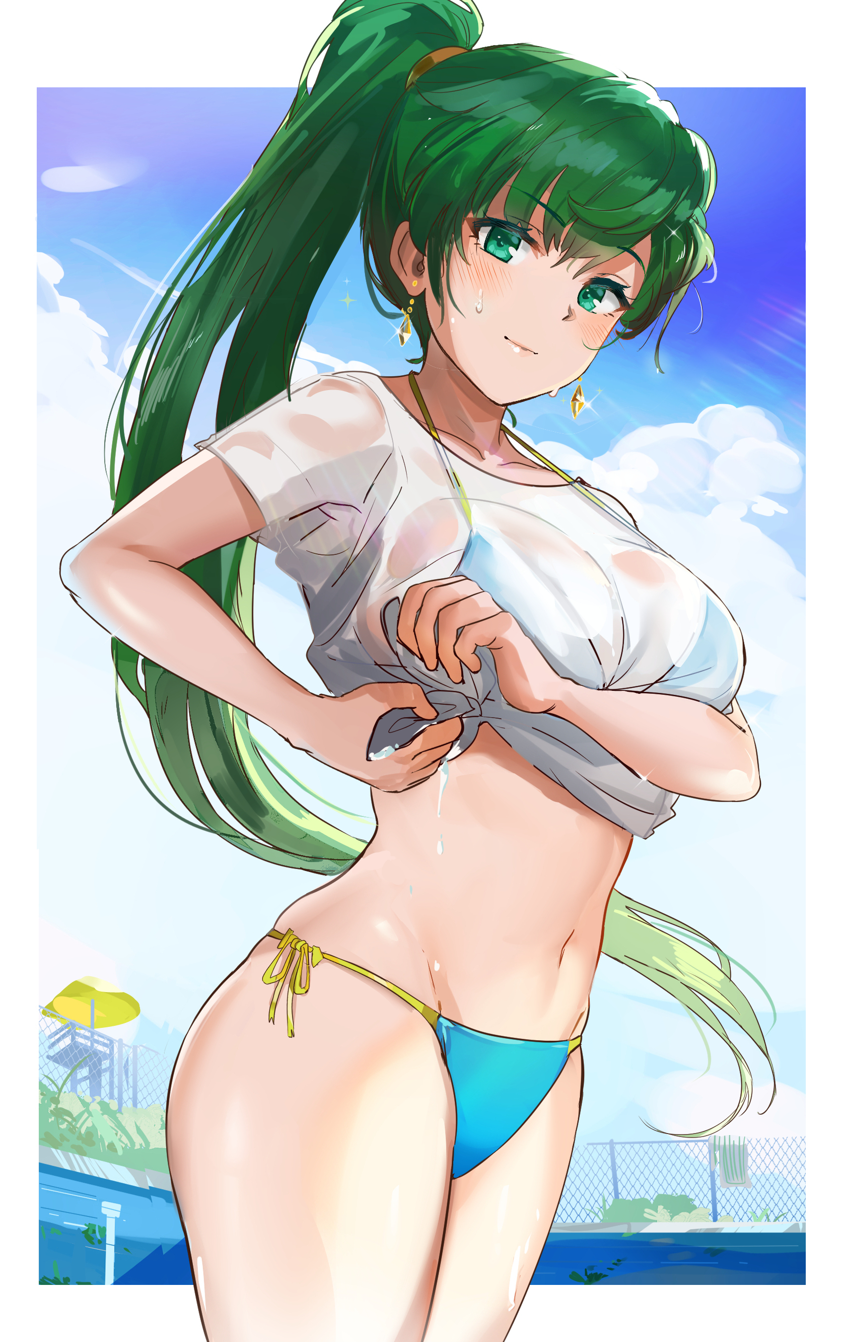 1girls, bikini, female, fire emblem, fire emblem: the blazing blade, green hair, long hair, looking at viewer, lyn (fire emblem), lyndis (fire emblem), nintendo, ormille, ponytail, solo, swimsuit, t-shirt, tagme, wet shirt