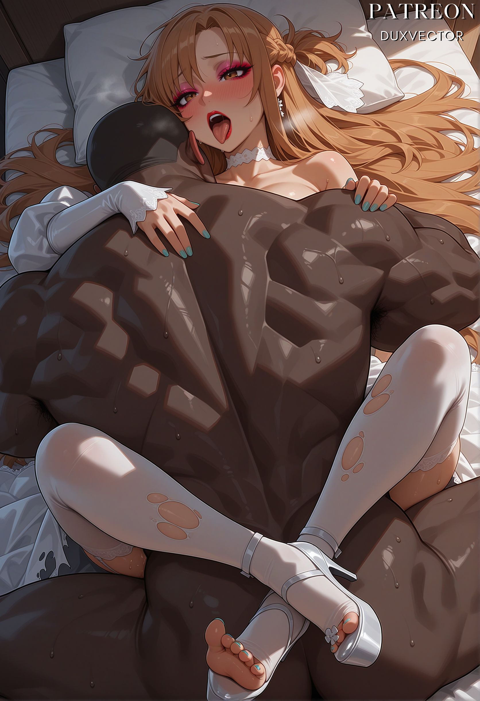 1boy, 1girl, ai generated, aqua nails, arms around neck, ass, asuna (sao), back, bald, bangs, bare shoulders, bed, bed sheet, blue nails, blush, boy on top, braid, breasts, brown eyes, brown hair, choker, clothed female nude male, clothed sex, clothing, collarbone, dark skin, dark-skinned male, dress, duxvector, earrings, eyeliner, eyeshadow, feet, female, french braid, from above, green nails, hair spread out, head on pillow, hetero, high heels, hug, interracial, jewelry, large breasts, leg lock, legs, legwear, licking, licking foot, lipstick, long hair, long sleeves, looking at viewer, lying, makeup, male, manly, mating press, missionary, muscular, muscular male, nail polish, nude, on back, on bed, open mouth, penis, pillow, rape, ring, saliva, sandals, sex, short ponytail, soles, spread legs, stirrup legwear, strappy heels, sweat, sword art online, teeth, thighhighs, thighs, toeless footwear, toeless legwear, toenail polish, toenails, toes, tongue, tongue out, torn clothes, torn dress, torn thighhighs, upper teeth only, vaginal, very dark skin, wedding dress, white choker, white dress, white footwear, white ribbon, white thighhighs, yuuki asuna