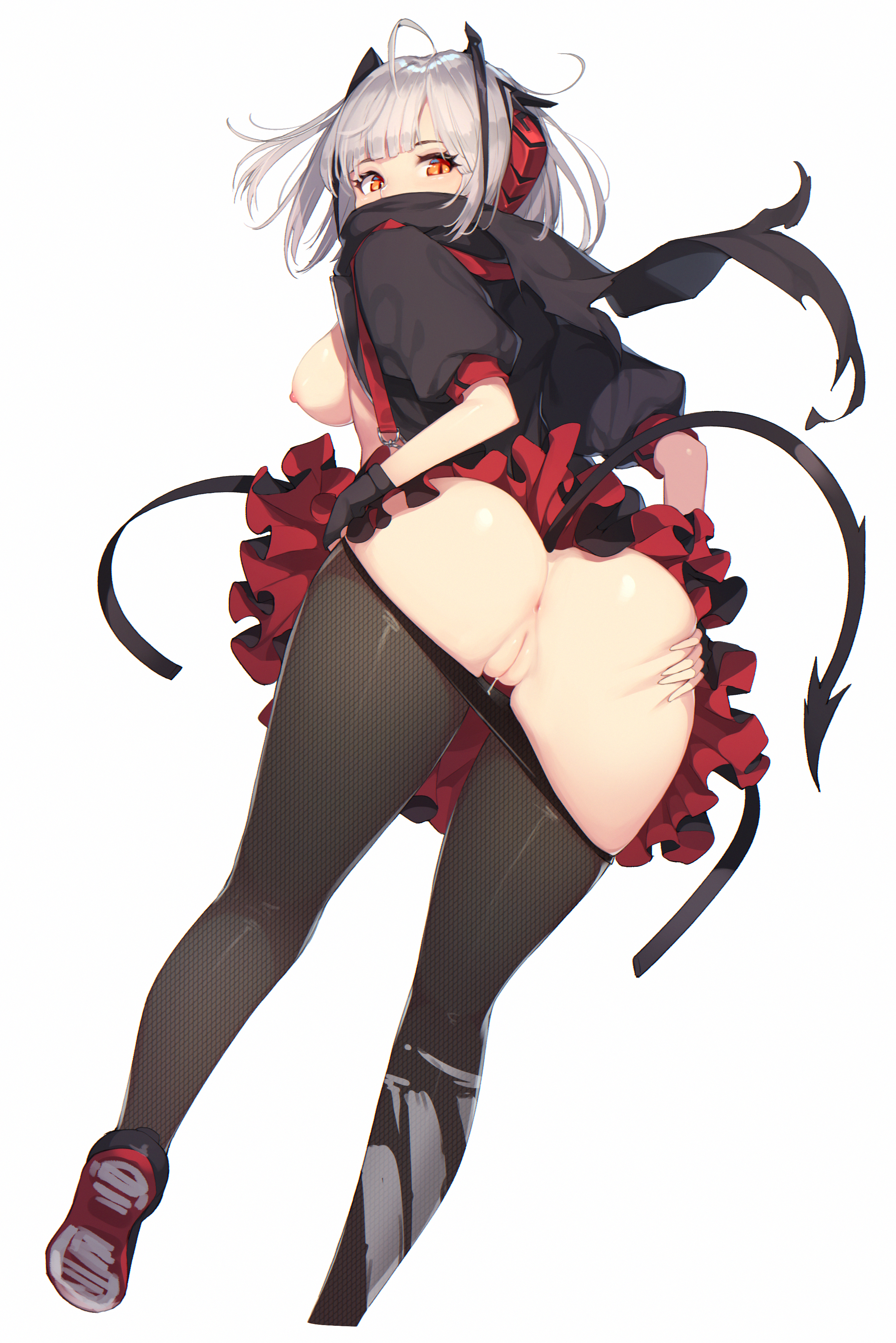 anus, arknights, ass, ce- -3, demon tail, female, horns, nipples, orange eyes, pepper0, presenting, pussy, silver hair, tail, uncensored, w (arknights)
