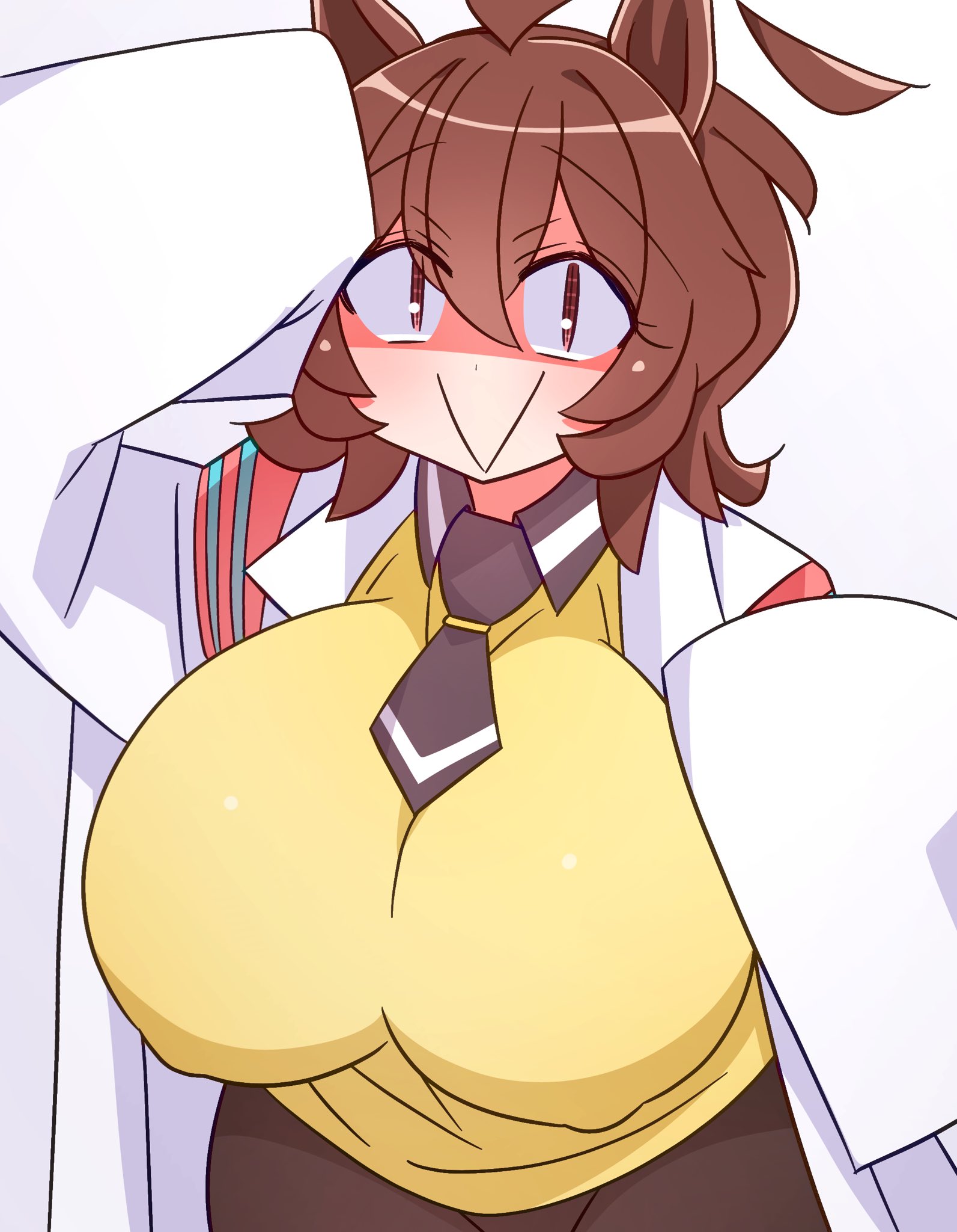 :>, 1girls, 2026, agnes tachyon (tach-nology) (umamusume), agnes tachyon (umamusume), big breasts, boobs, brown hair, clothed, clothing, coat, color, colored, cygames, digital media (artwork), female, female only, front view, fully clothed, hair, hi res, horse ears, horse girl, huge breasts, kaijin debeso, large breasts, legwear, light skin, light-skinned female, looking at viewer, medium hair, red eyes, scientist, simple background, smile, smile at viewer, solo, tie, tits, umamusume, umamusume pretty derby, white background