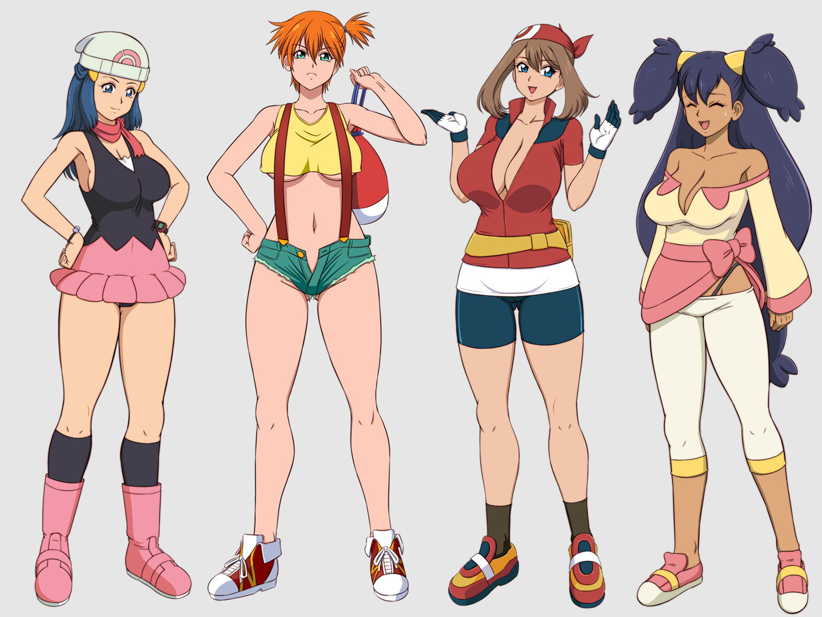 4girls, adapted costume, asymmetrical hair, bandana, bare legs, baseball cap, beanie, bike shorts, blue eyes, blue hair, blush, boots, breasts, brown hair, cleavage, cowboy shot, curvy, dawn (pokemon), denim, denim shorts, glamour works, gloves, green eyes, green hair, gym leader, hair ornament, hat, hetero, highres, iris (pokemon), kasumi (pokemon), large breasts, legs, legs together, lento, lento (glamour works), long hair, looking at viewer, may (pokemon), miniskirt, misty (pokemon), multiple girls, navel, nintendo, nipples, open mouth, orange hair, pants, pink footwear, pokemon, pokemon (anime), pokemon (classic anime), ponytail, red hair, red scarf, revision, scarf, shirt, shoes, short hair, short shorts, shorts, side ponytail, simple background, skirt, sleeveless, smile, sneakers, socks, standing, suspenders, tank top, thick thighs, thighs, underboob, underwear, unzipped, wide hips, yellow shirt, yellow tank top