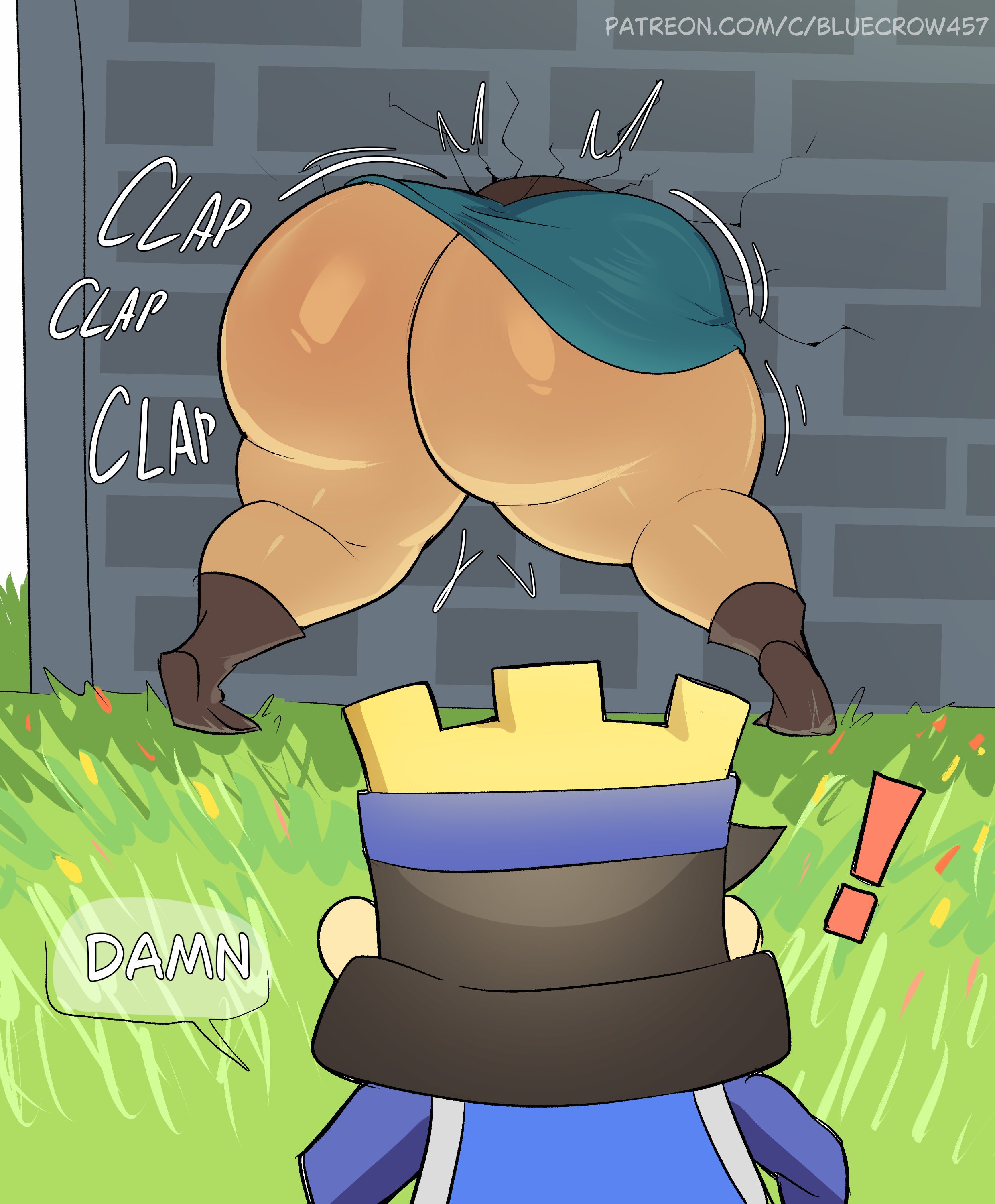 1boy, 1girls, 2d, 2d (artwork), ass, ass focus, bandit (clash royale), bare ass, blue crow, clash (series), clash royale, female, female focus, little prince (clash royale), stuck, stuck in wall, supercell