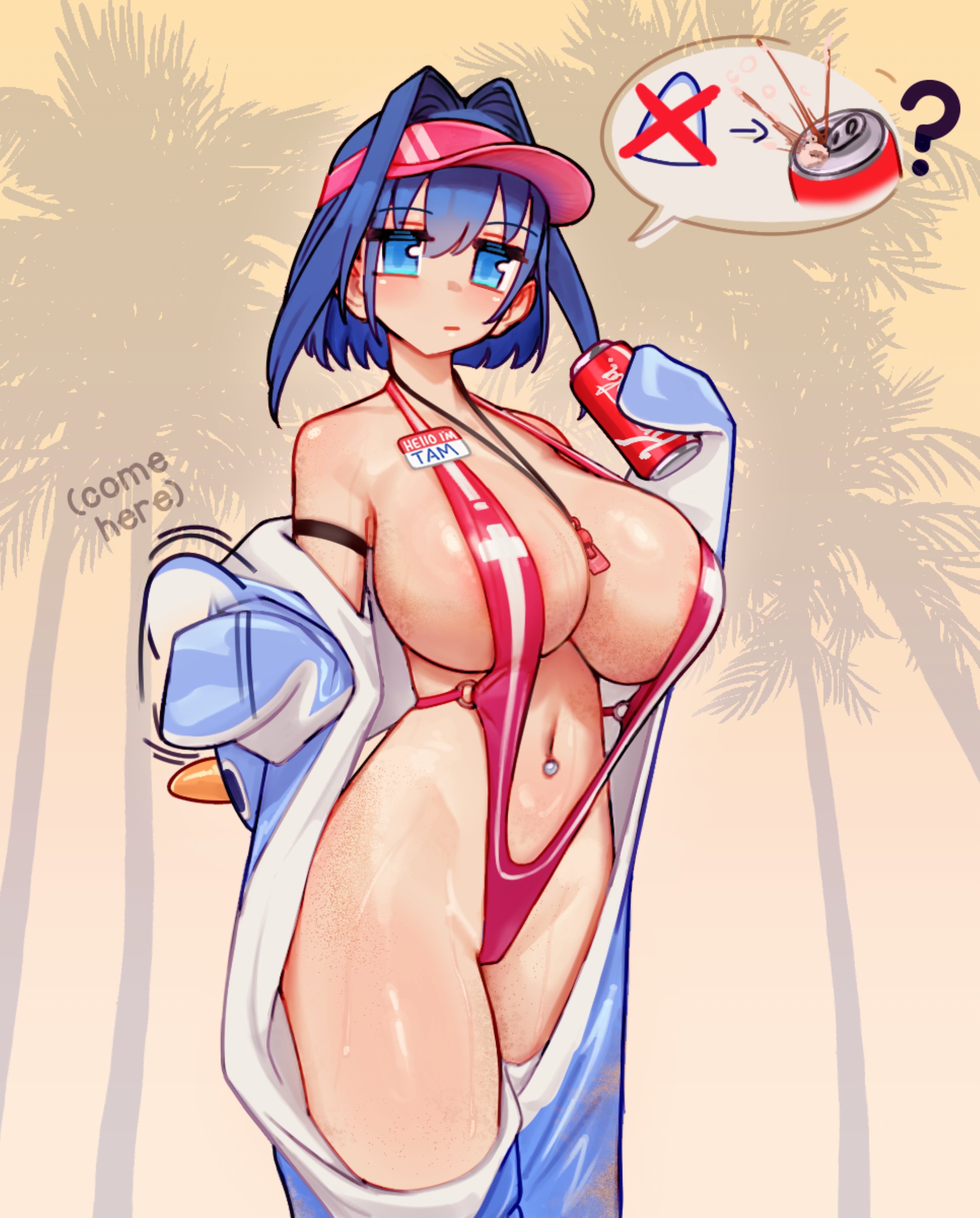 1girls, animal onesie, areolae, areolae peeking, areolae slip, armband, asking for help, asking question, beckoning, beckoning viewer, big breasts, bikini, blank expression, blank eyes, blue eyes, blue hair, breasts, can, cleavage, clothed, clothed female, come here, cosplay, daytime, english text, female, goddess of victory: nikke, hair intakes, hair vents, hat, holding, holding beverage, holding can, holding object, hololive, hololive english, hololive english -council-, hololive english -promise-, huge breasts, large breasts, lifeguard, lifeguard swimsuit, light skin, light-skinned female, looking at viewer, marciana (marine study) (nikke), marciana (marine study) (nikke) (cosplay), marciana (nikke) (cosplay), monokini, mouth closed, nametag, navel, navel piercing, necklace, object between breasts, one-piece swimsuit, onesie, onesie open, ouro kronii, palm trees, piercing, shiny skin, short hair, sideboob, sling bikini, slingkini, soda, soda can, sourbooze, speech bubble, sweat, sweating, sweaty, sweaty body, swimsuit, swimwear, text, thighs, tree, trees, underboob, undressing, undressing self, virtual youtuber, visor, visor cap, voluptuous, wet, wet body, whistle, whistle around neck