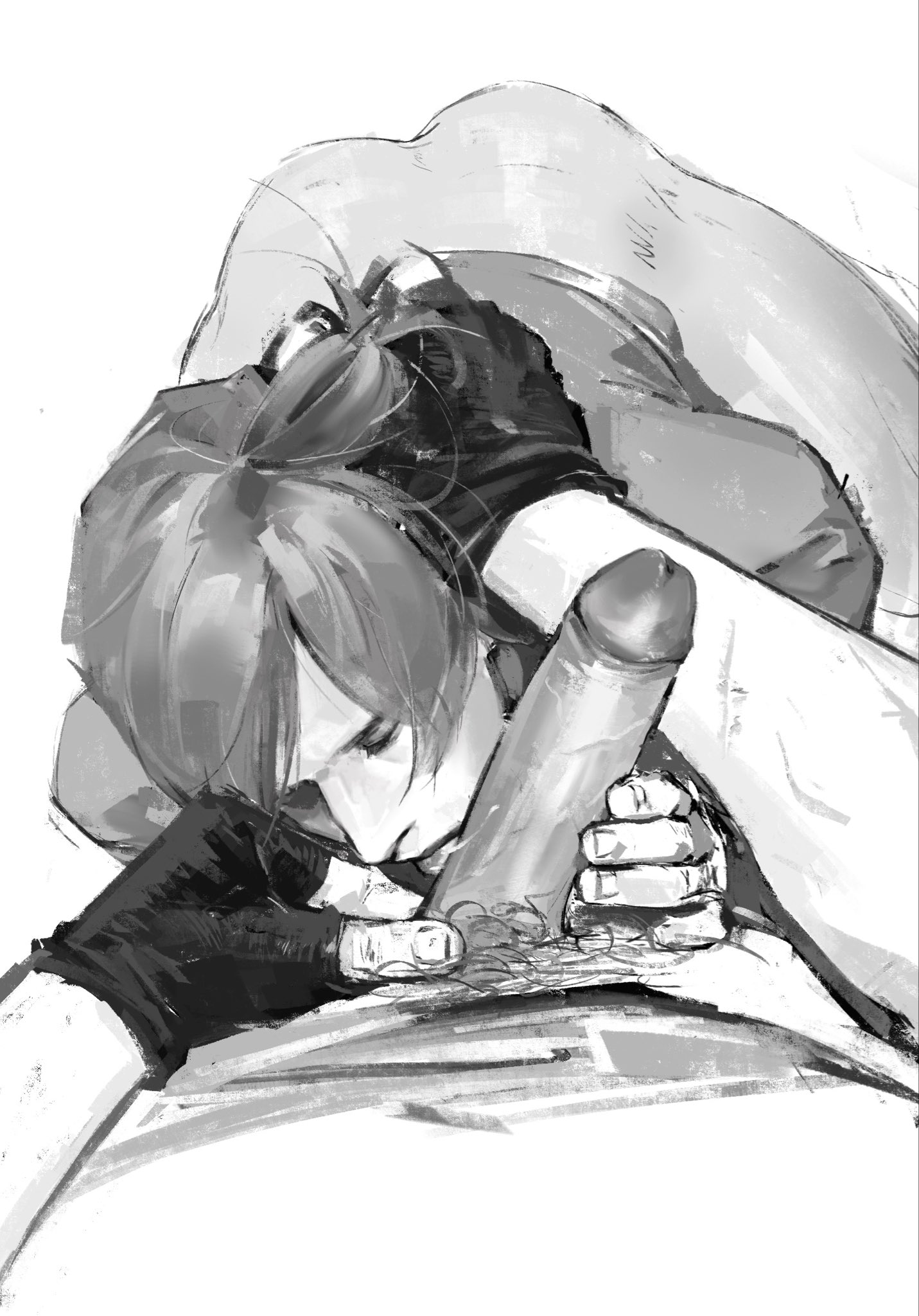 2boys, big ass, big penis, big thighs, bottomless, closed eyes, eyes closed, fellatio, hand in hair, holding penis, jack krauser, leon scott kennedy, licking penis, looking down, looking down at partner, male only, male/male, pov, pubes, pubic hair, resident evil, resident evil 4, resident evil 4 remake, sticking ass out, veiny penis