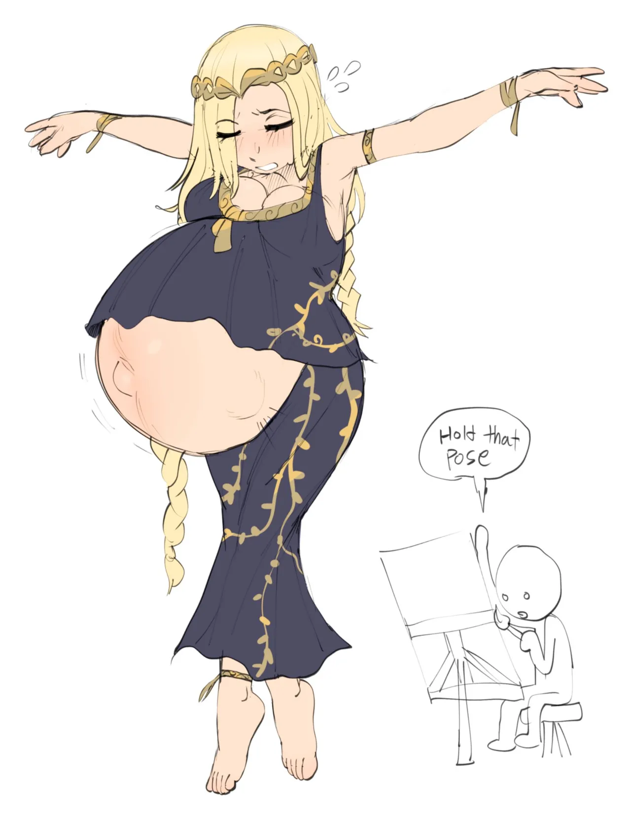 barefoot, big breasts, blonde hair, blush, braid, braided hair, circlet, cleavage, closed eyes, elden ring, feet, female, female only, fetal movement, fromsoftware, full body, hellbrain, long hair, outie navel, posing, pregnant, queen marika the eternal, solo, tiara, tiptoes