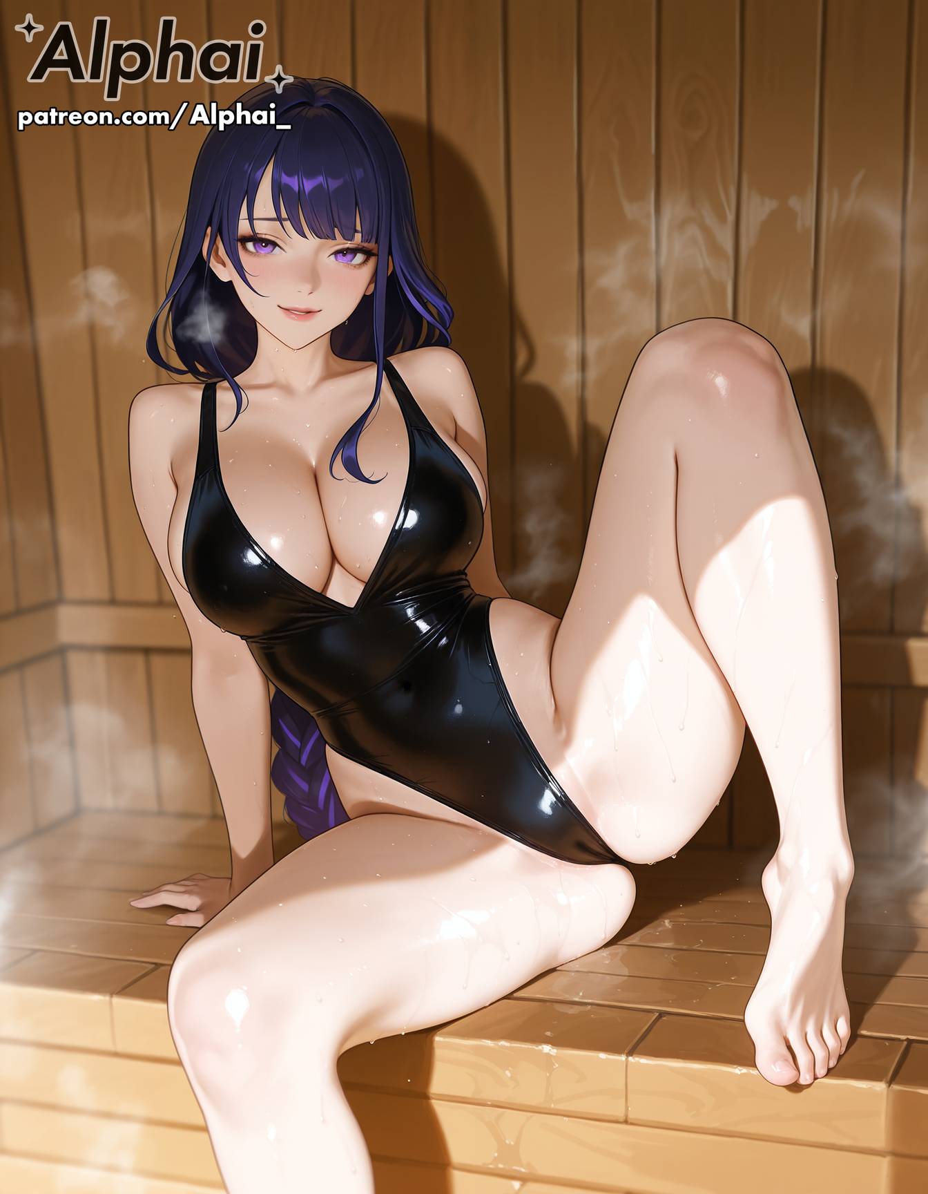 1girl, 2025, 2026, 4k, absurd res, absurdres, ai, ai art, ai assisted, ai generated, ai-created, ai-generated, alphai, big breasts, black lipstick, black one-piece swimsuit, blushing, braided hair, cinematic lighting, cleavage, close-up, colorful background, depth of field, detailed hair, detailed skin, detailled background, dramatic shadows, eyelashes, eyeliner, female face, female only, full body, genshin impact, high angle, high quality, high resolution, highleg one-piece swimsuit, highleg swimsuit, highres, hoyoverse, indoors, long hair, looking at viewer, mihoyo, naughty face, on side, one-piece swimsuit, onsen, particles, patreon, patreon link, patreon url, patreon username, pinup, purple hair, raiden shogun, raised eyebrows, red hair, seductive eyes, seductive look, sitting, solo, steam, sweaty, swimsuit, volumetric lighting, watermark, wooden floor, wooden wall