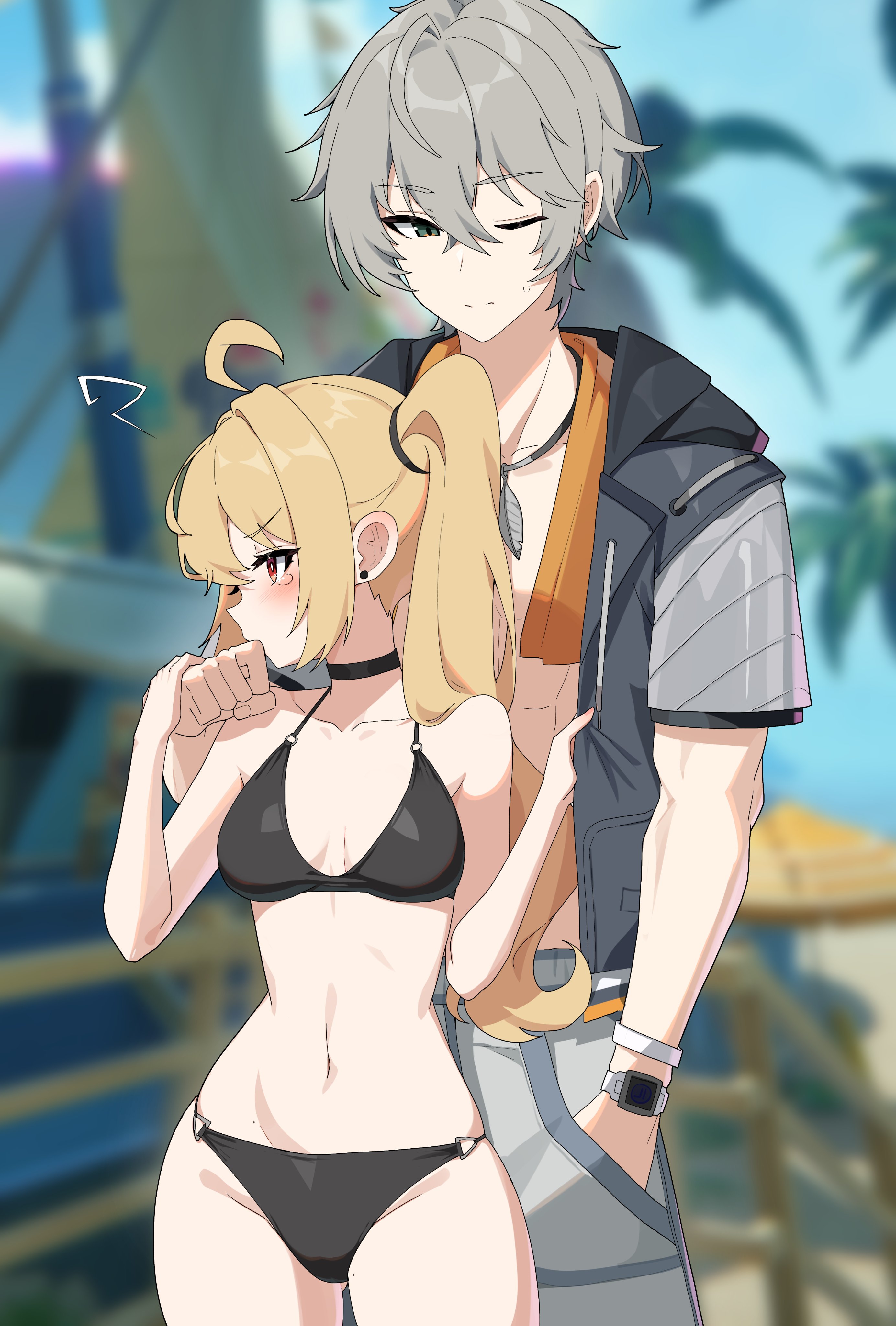 1boy, 1girls, bare shoulders, bikini, blonde hair, blush, bra, breasts, embarrassed, female, flustered, grey eyes, grey hair, high resolution, highres, long hair, luciana de montefio, male, medium breasts, official alternate costume, outside, panties, pants, petite, petite female, red eyes, shirt, shorts, standing, straight, sweat, swimsuit, tears, tied hair, wak kun, wise (peaceful waves) (zenless zone zero), wise (zenless zone zero), zenless zone zero