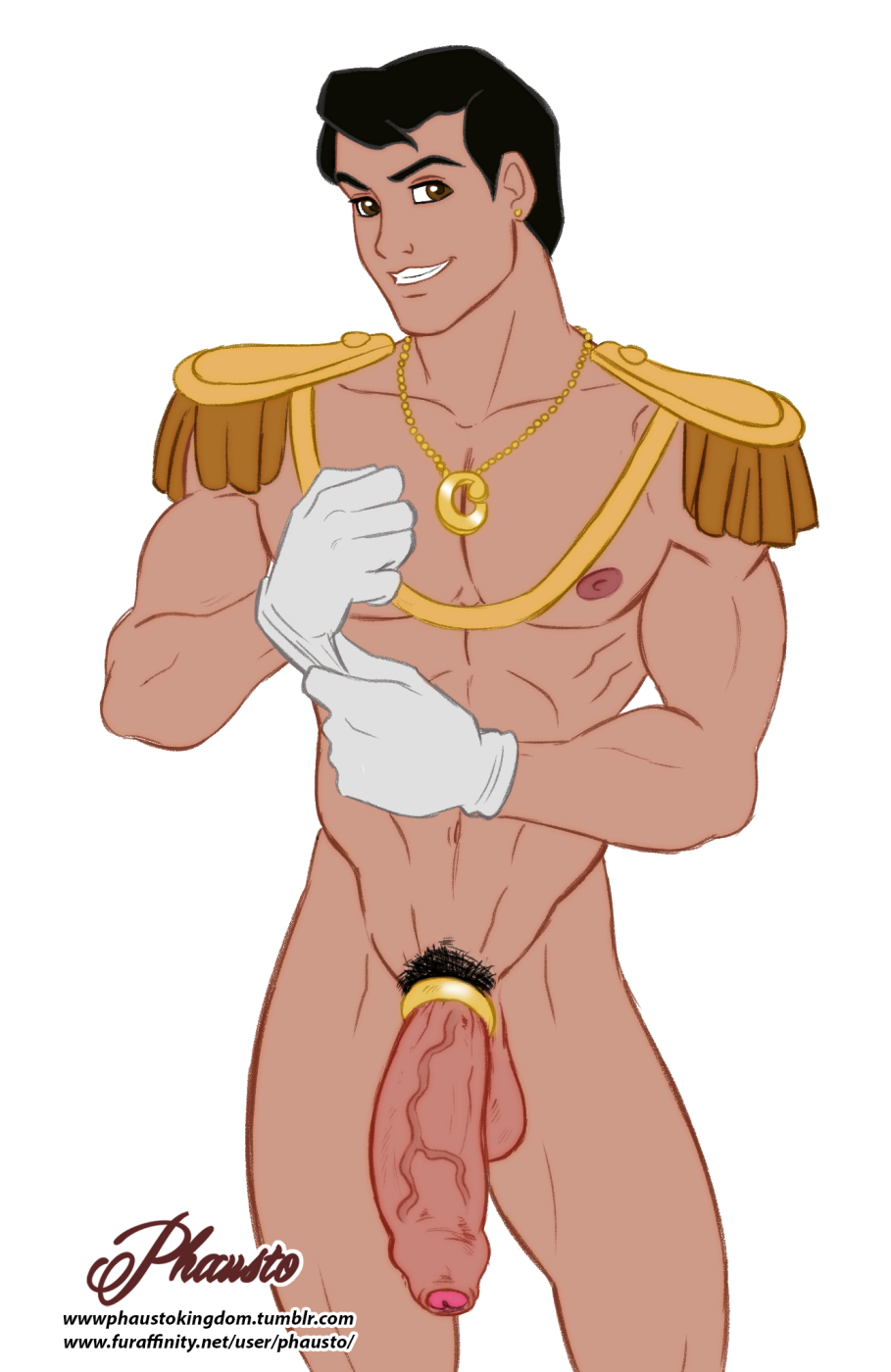 1boy, abs, balls, ballsack, bara, biceps, big balls, big penis, black hair, black pubic hair, body hair, brown eyes, cinderella (1950 film), cock ring, crossover, disney, disney prince, foreskin, foreskin folds, gloves, human, looking at viewer, male, male nipples, male only, male pubic hair, mostly nude, mostly nude male, muscles, muscular, muscular male, necklace, nipples, pecs, penis, phausto, presenting, presenting balls, presenting penis, prince charming, pubes, pubic hair, scrotum, shoulder pads, smile, smooth skin, smooth skinned male, solo, tassel, testicles, uncensored, uncircumcised, uncut, unretracted foreskin, veiny penis, white background, white male, yaoi