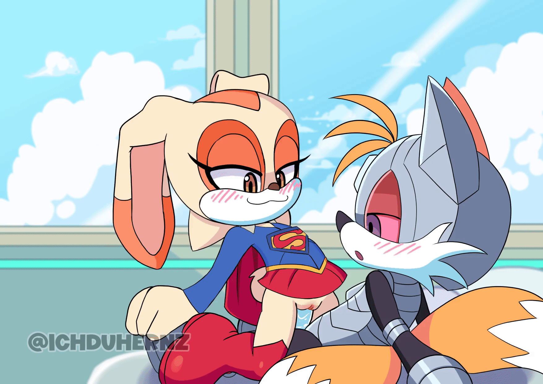 animated cosplay cream_the_rabbit dc_comics duo fox gif ichduhernz idw_publishing miles_prower miles_tails_prower mobian_(species) nude rabbit rabbit_girl sega sex sonic_(series) supergirl_(cosplay) tails vaginal_penetration
