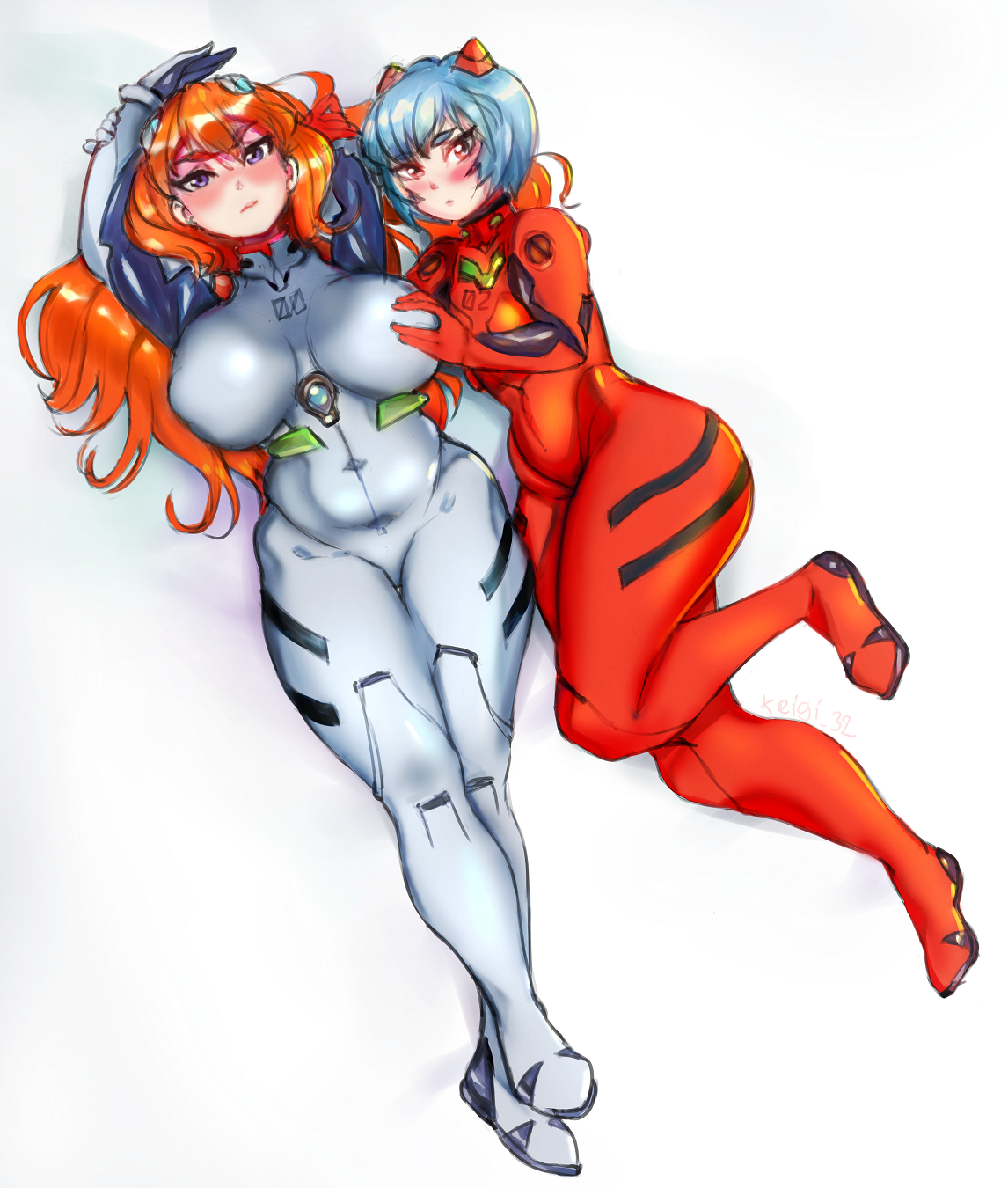 2girls, alternate breast size, alternate costume, asuka langley sohryu, blue hair, blush, bodysuit, breast grab, breasts, clothing, curvy, female, female only, human, keigi (artist), large breasts, light skin, light-skinned female, long hair, looking at viewer, lying down, neon genesis evangelion, orange hair, outfit swap, pale skin, pale-skinned female, pilot suit, plugsuit, png, red hair, rei ayanami, short hair, thick thighs, voluptuous, wide hips
