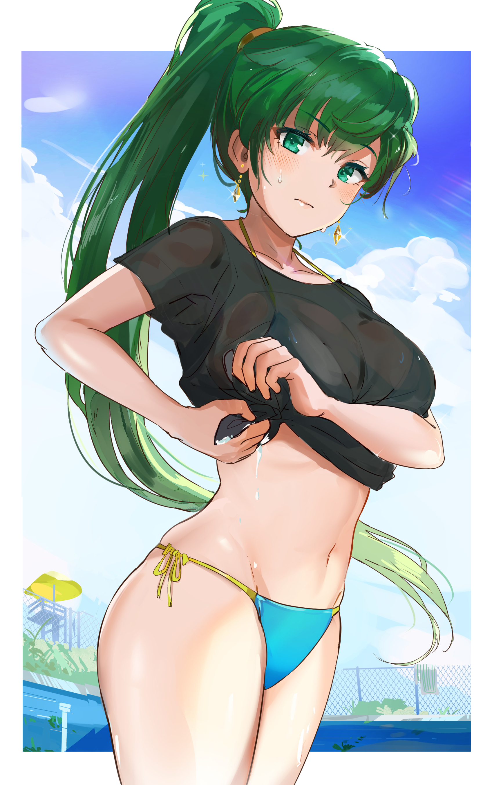 1girls, bikini, female, fire emblem, fire emblem: the blazing blade, green hair, long hair, looking at viewer, lyn (fire emblem), lyndis (fire emblem), nintendo, ormille, ponytail, solo, swimsuit, t-shirt, tagme, wet shirt