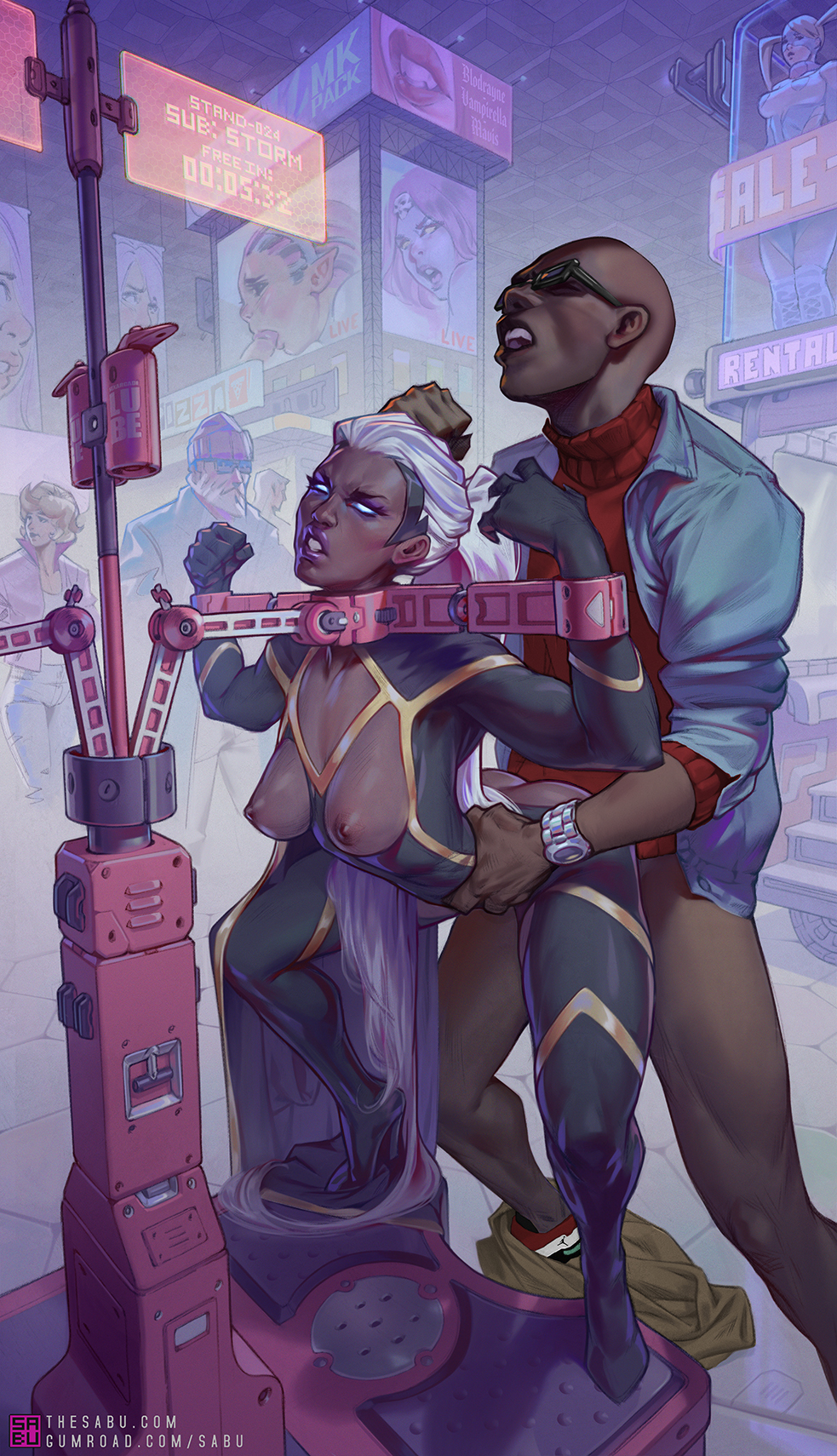 1boy, 1girls, angry, areolae, blue sclera, bondage, bound wrists, breasts, cyberpunk, dark skin, dark-skinned female, dark-skinned male, female, femsub, from behind, glasses, glowing eyes, male, maledom, marvel, marvel comics, nipples, ororo munroe, pillory, public sex, public use, rape, resisting, restrained, sabudenego, sex, sex arcade, storm (x-men), straight, street, x-men