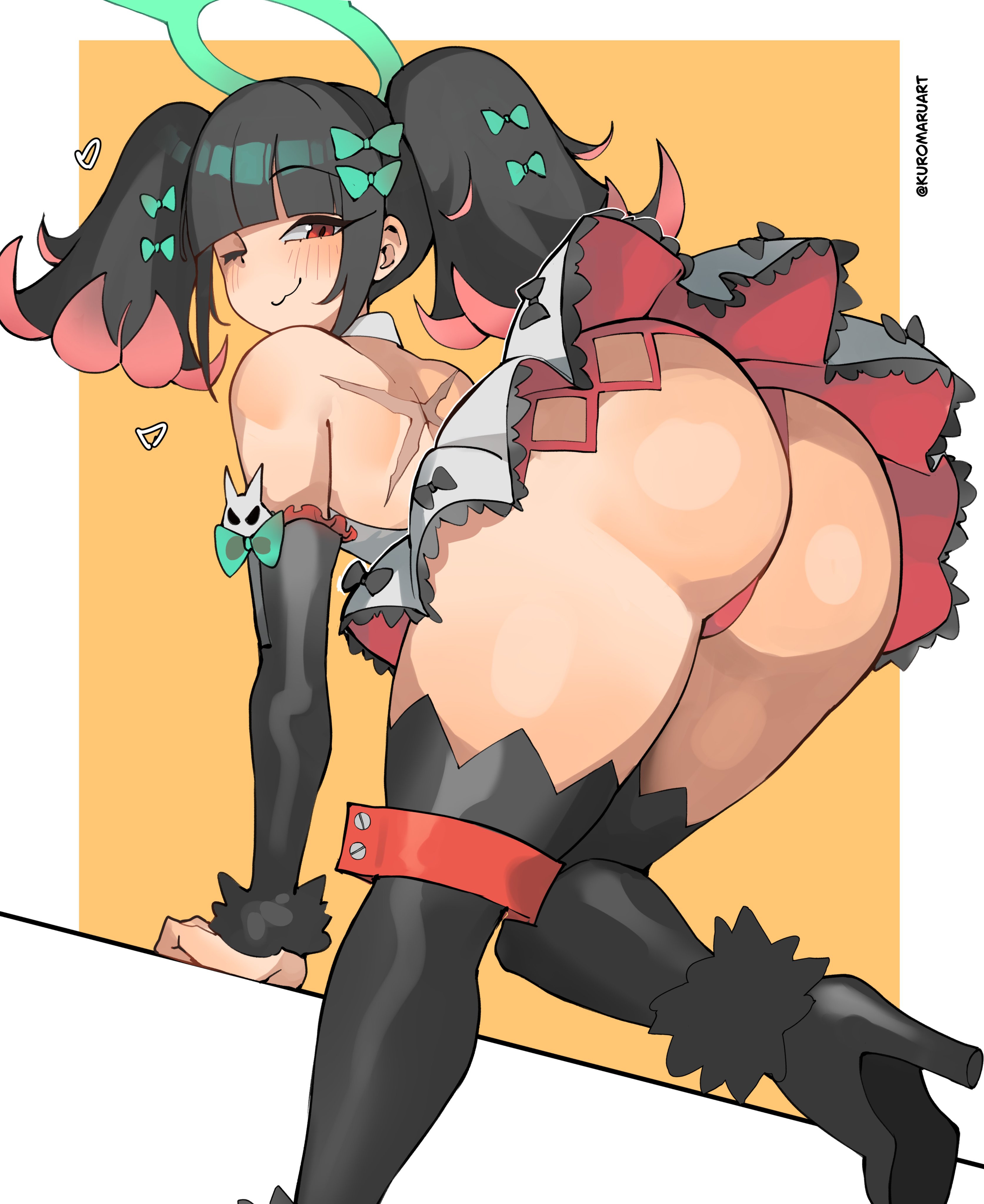 ;), 1girl, absurdres, angels of delusion, aqua bow, aqua halo, ass, black boots, black hair, black thighhighs, boots, bow, breasts, commentary, detached sleeves, from behind, hair bow, halo, highres, kuromaruart, multicolored hair, multiple hair bows, nangong yu (zenless zone zero), one eye closed, panties, pink hair, pink panties, red eyes, short hair, simple background, skirt, small breasts, smile, solo, thighhighs, thighs, twintails, two-tone hair, underwear, white skirt, zenless zone zero