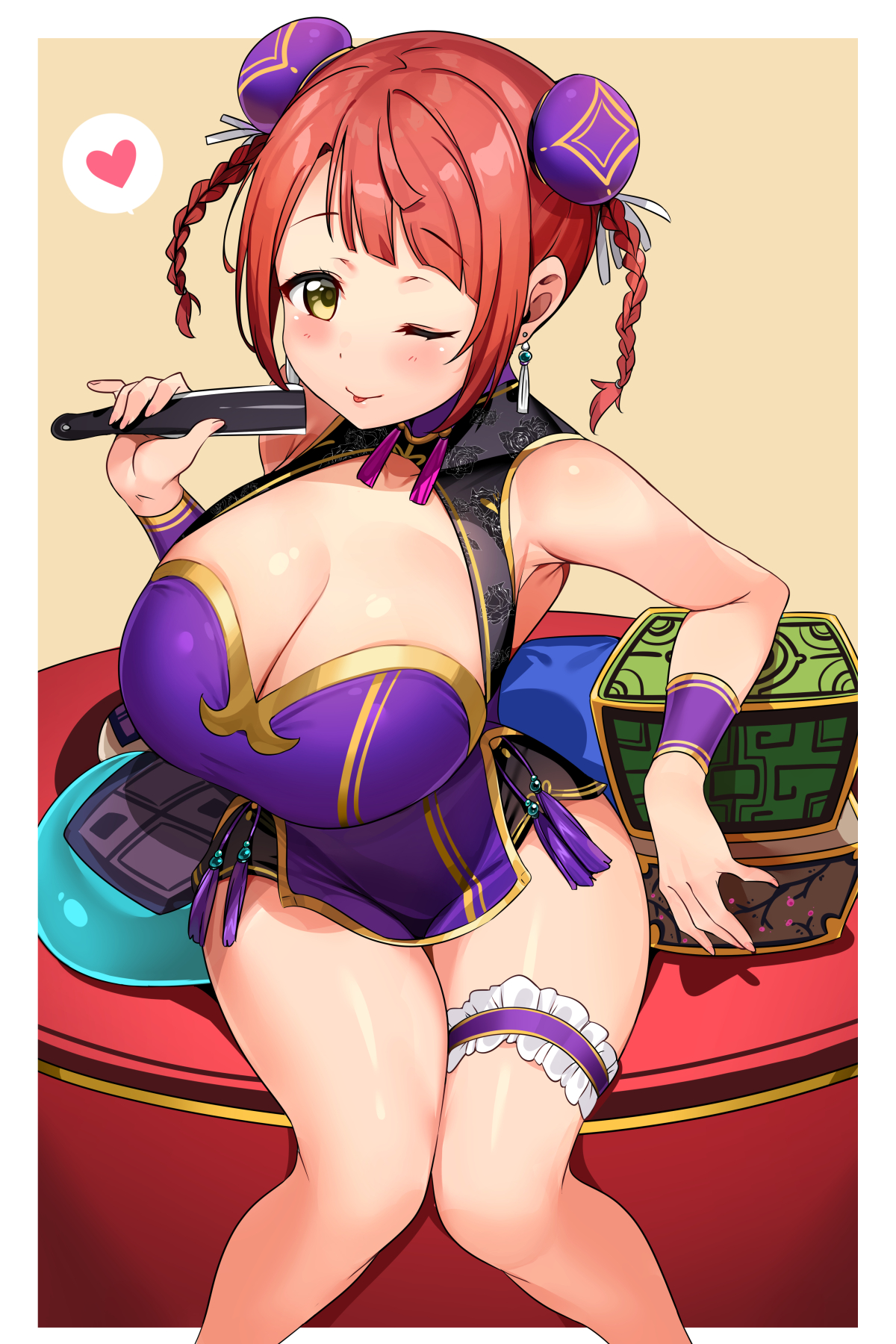 1girls, big breasts, breasts, cleavage, earrings, fan, female, female only, love live!, love live! nijigasaki high school idol club, purple dress, solo, tem10, uehara ayumu