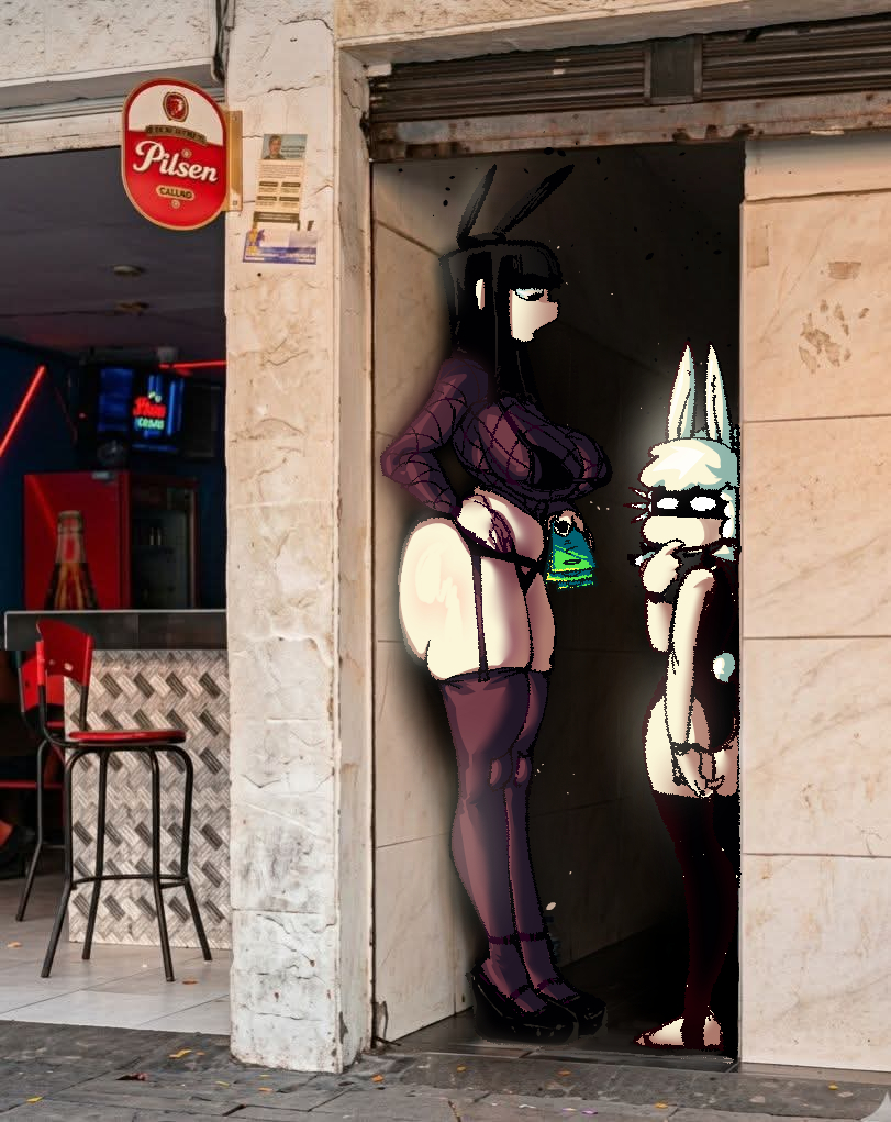 1boy, 1femboy, 1girls, alleyway milf (meme), antennae (anatomy), armwear, black hair, bra, bunny ears, bunny tail, domino mask, female north (north star 500), femboy, fishnet clothing, fishnets, legwear, leotard, lingerie, male north (north star 500), medellin, colombia, meme, meme reference, money, north star 500, size difference, twitter user oc, white hair, white skin